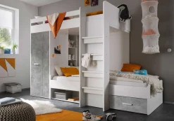 Etagenbett Lopes 90x200cm mit Kleiderschrank - Beton/Weiß