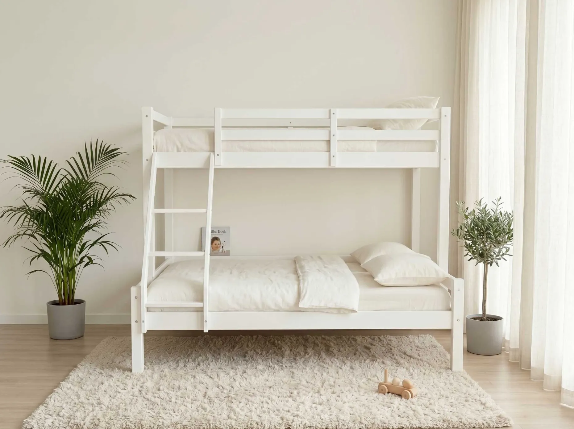 Etagenbett Sven - 90x200 & 140x200cm - 3 Personen – massives Kiefernholz - weiß
