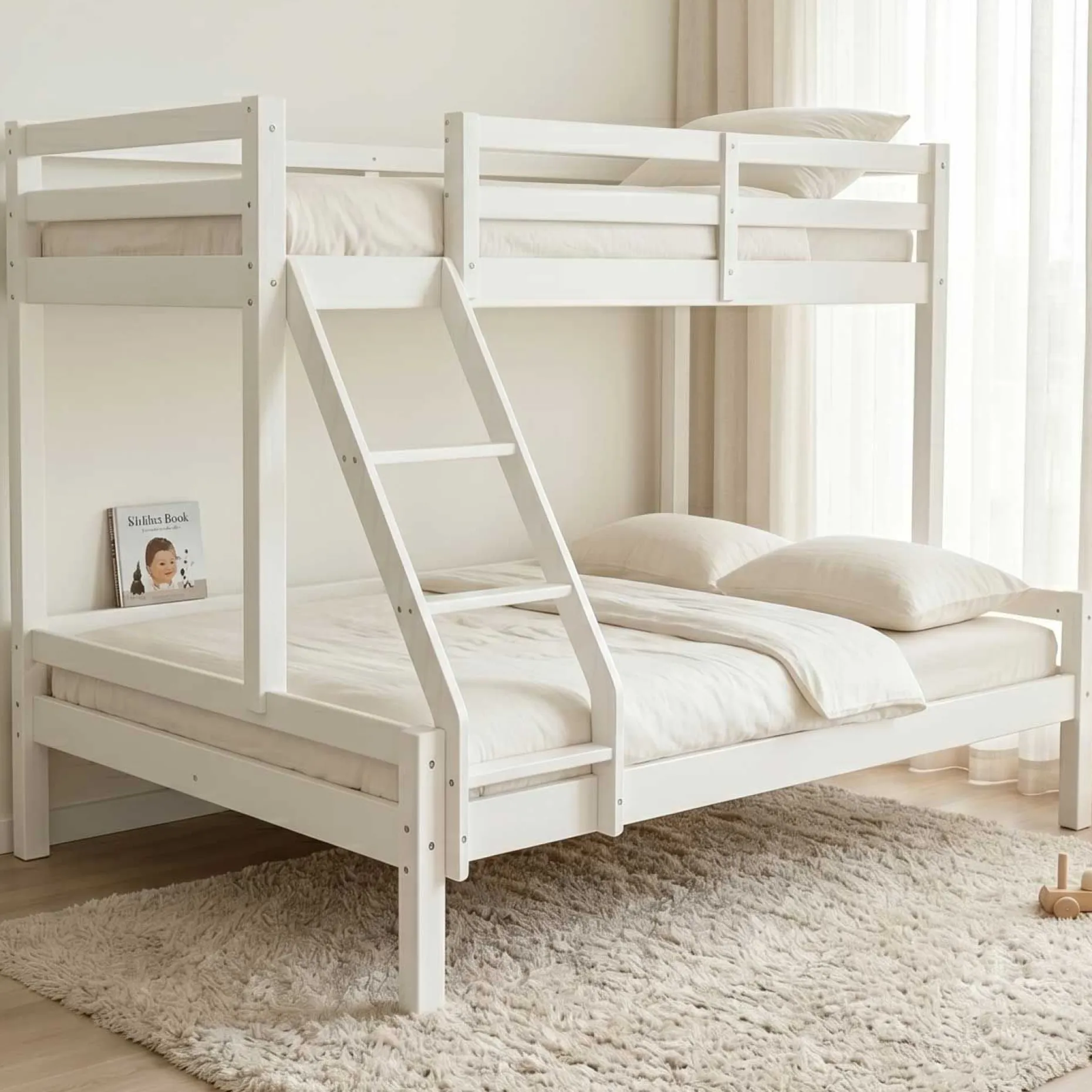 Etagenbett Sven - 90x200 & 140x200cm - 3 Personen – massives Kiefernholz - weiß