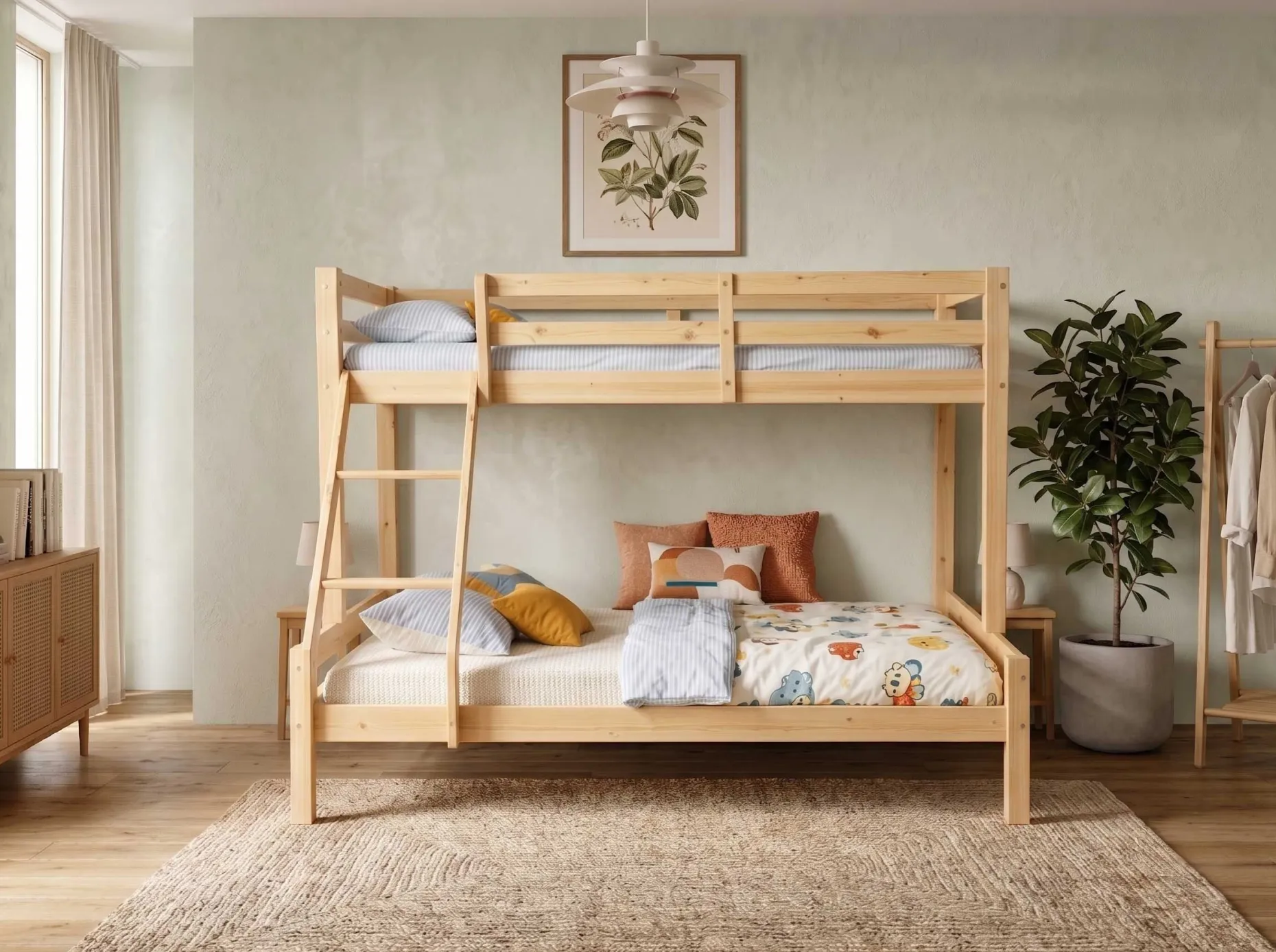 Etagenbett Sven - 90x200 & 140x200cm - 3 Personen – massives Kiefernholz