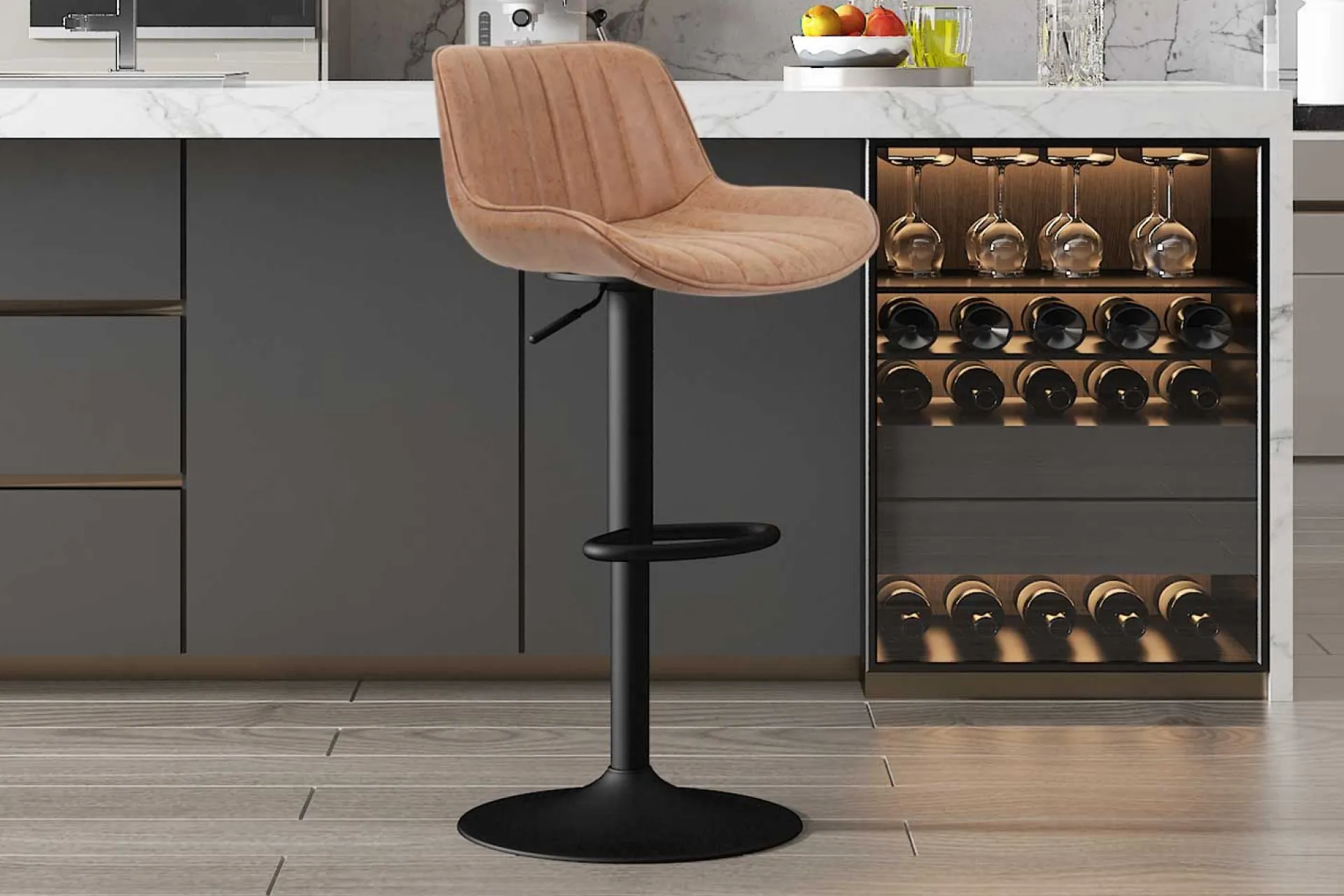 Rousseau Fenna" Cognac PU Barhocker | Metallbeine | 84-105 x 48 x 49.5cm