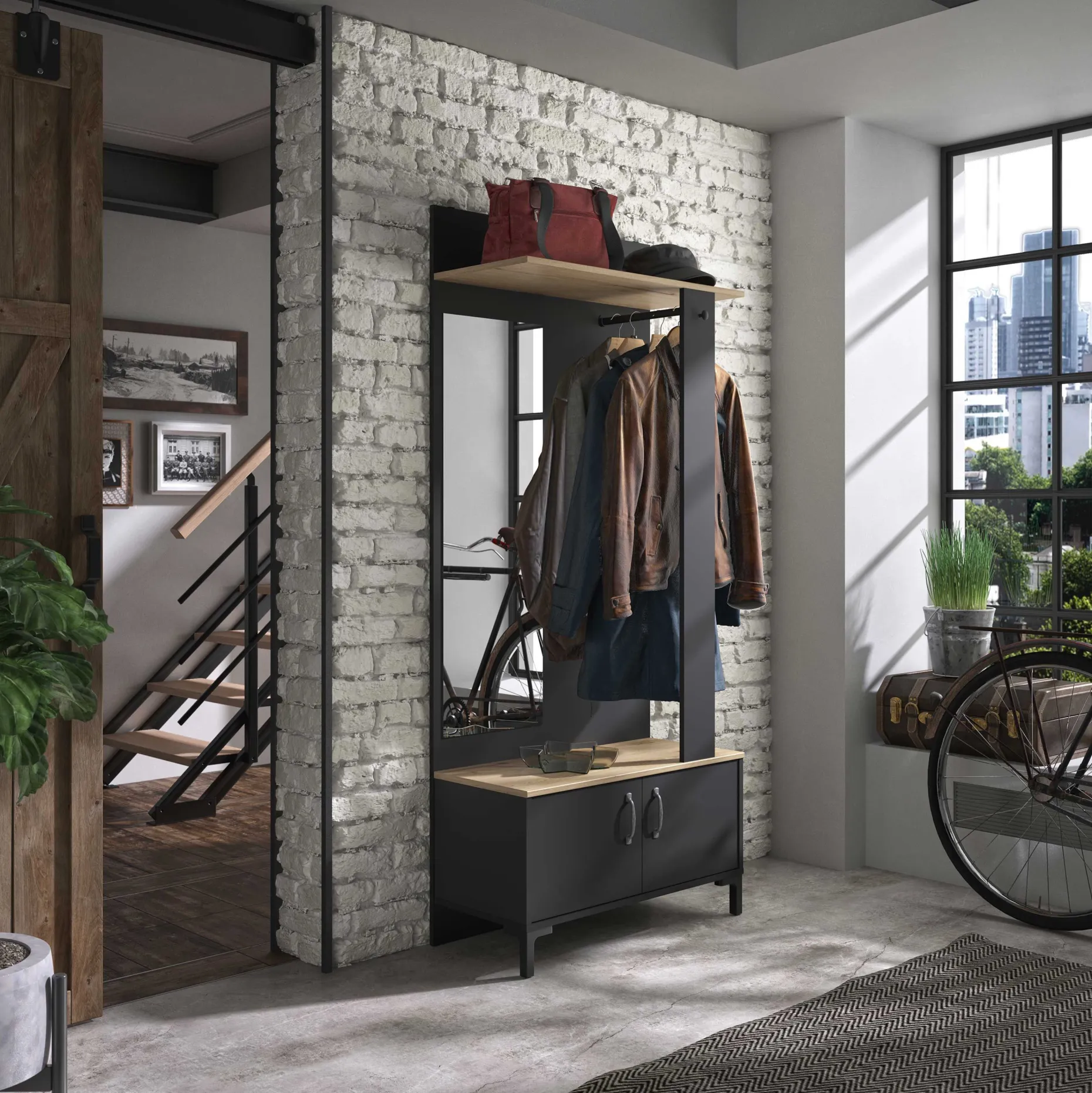 Flurmöbel Store mit Stange, Schrank und Spiegel - schwarz