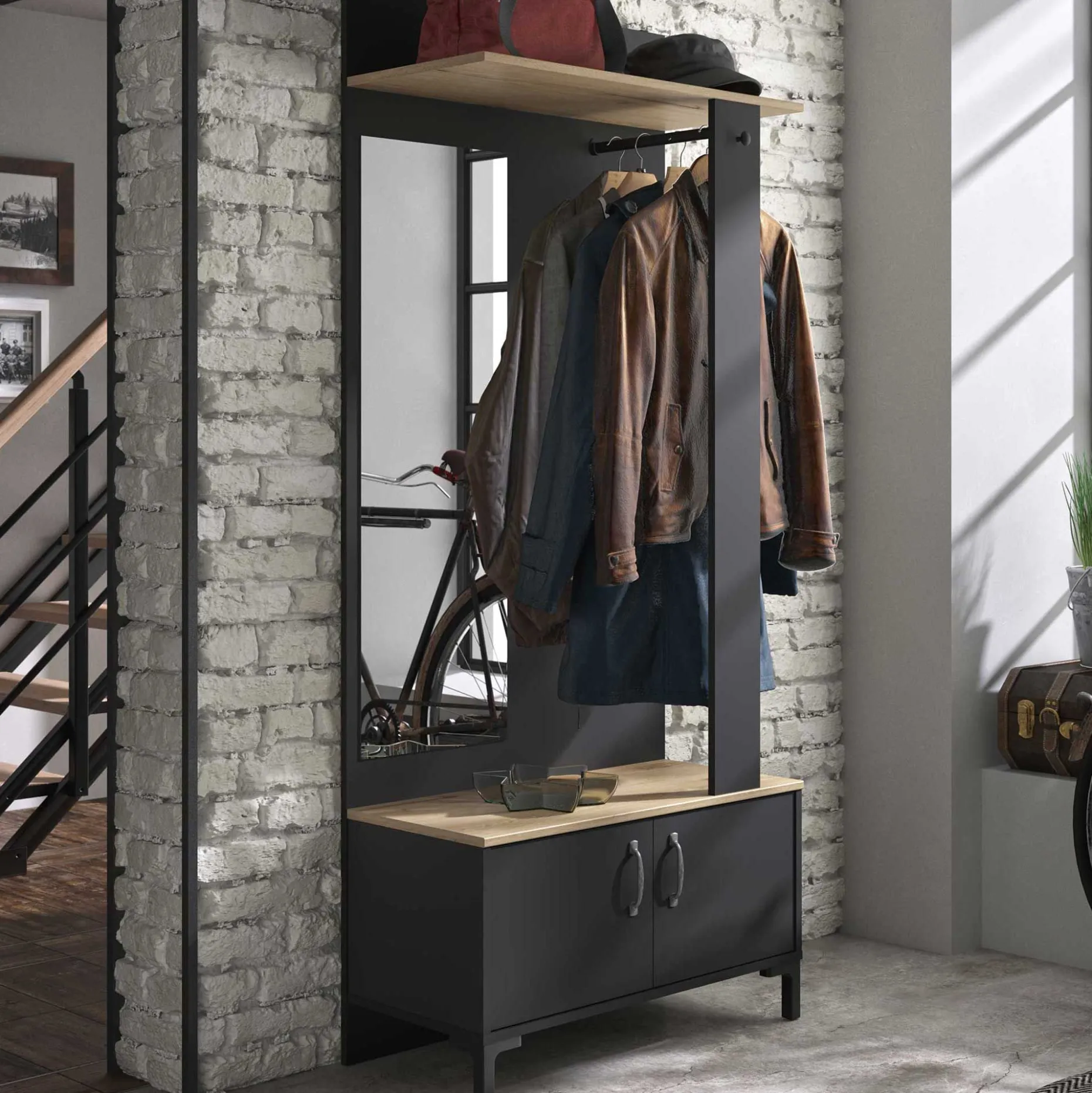 Flurmöbel Store mit Stange, Schrank und Spiegel - schwarz