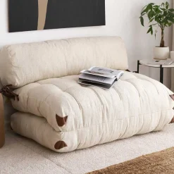 Emob Fold Kadife 2-Sitzer-Schlafsofa | Teddystoff | Creme