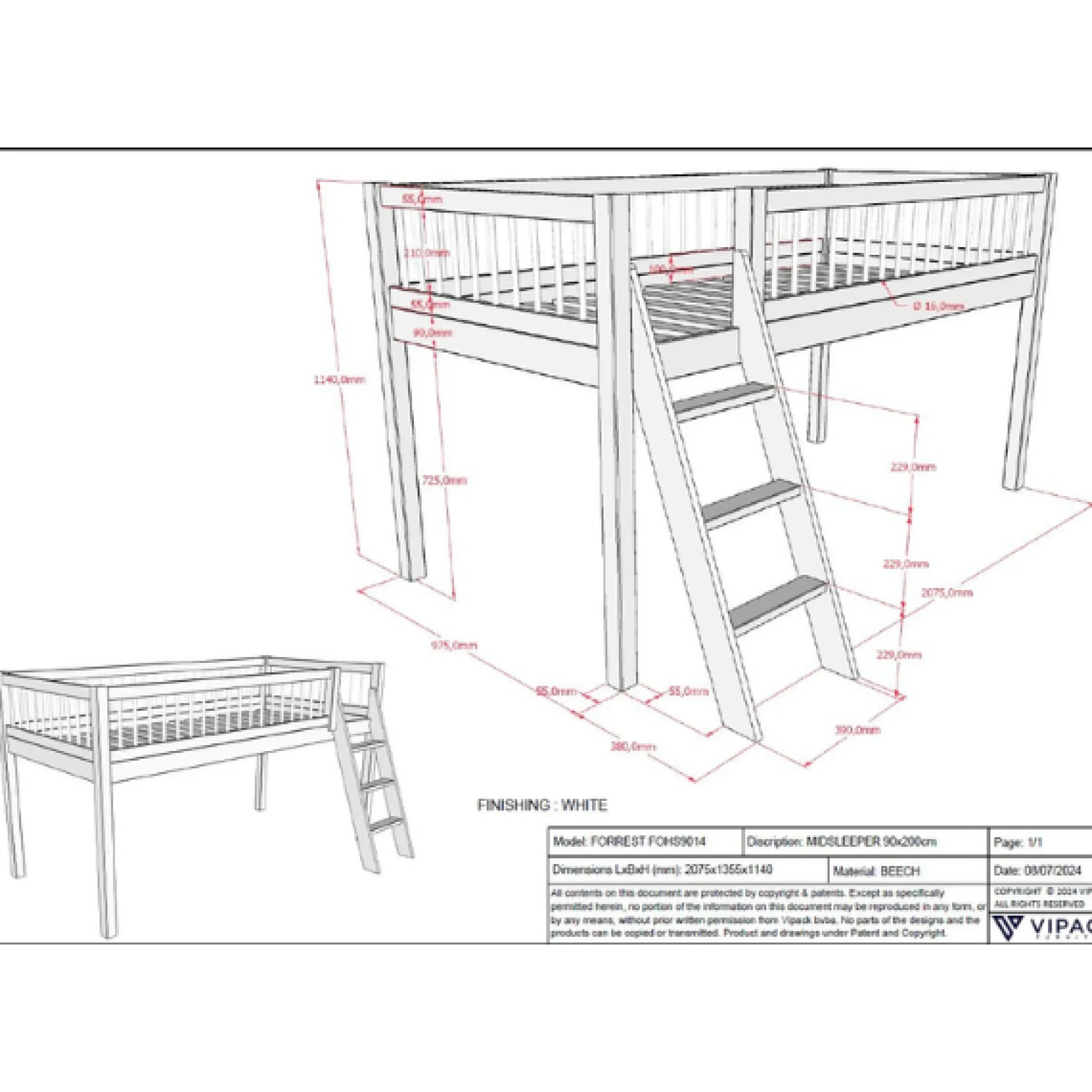 Forrest Etagenbett 90x200cm mit Rollbett - Buche massiv - weiß