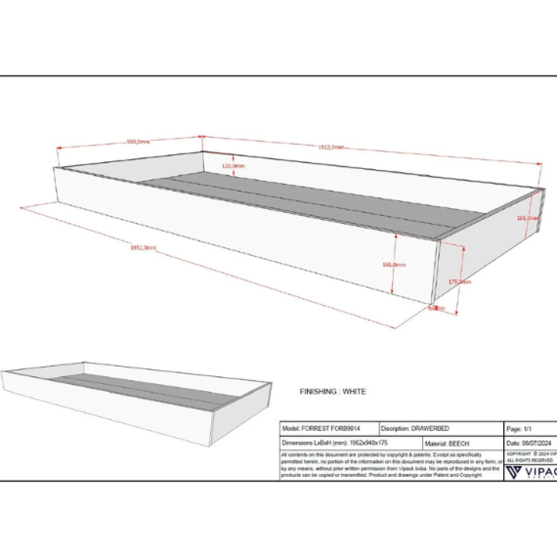 Forrest Etagenbett 90x200cm mit Rollbett - Buche massiv - weiß