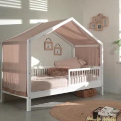 Forrest Hausbett 90x200 mit herunterklappbarem Schutzgitter und Bettzelt - weiß/rosa