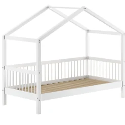 Forrest Hausbett 90x200 mit herunterklappbarem Schutzgitter und Bettzelt - weiß/rosa