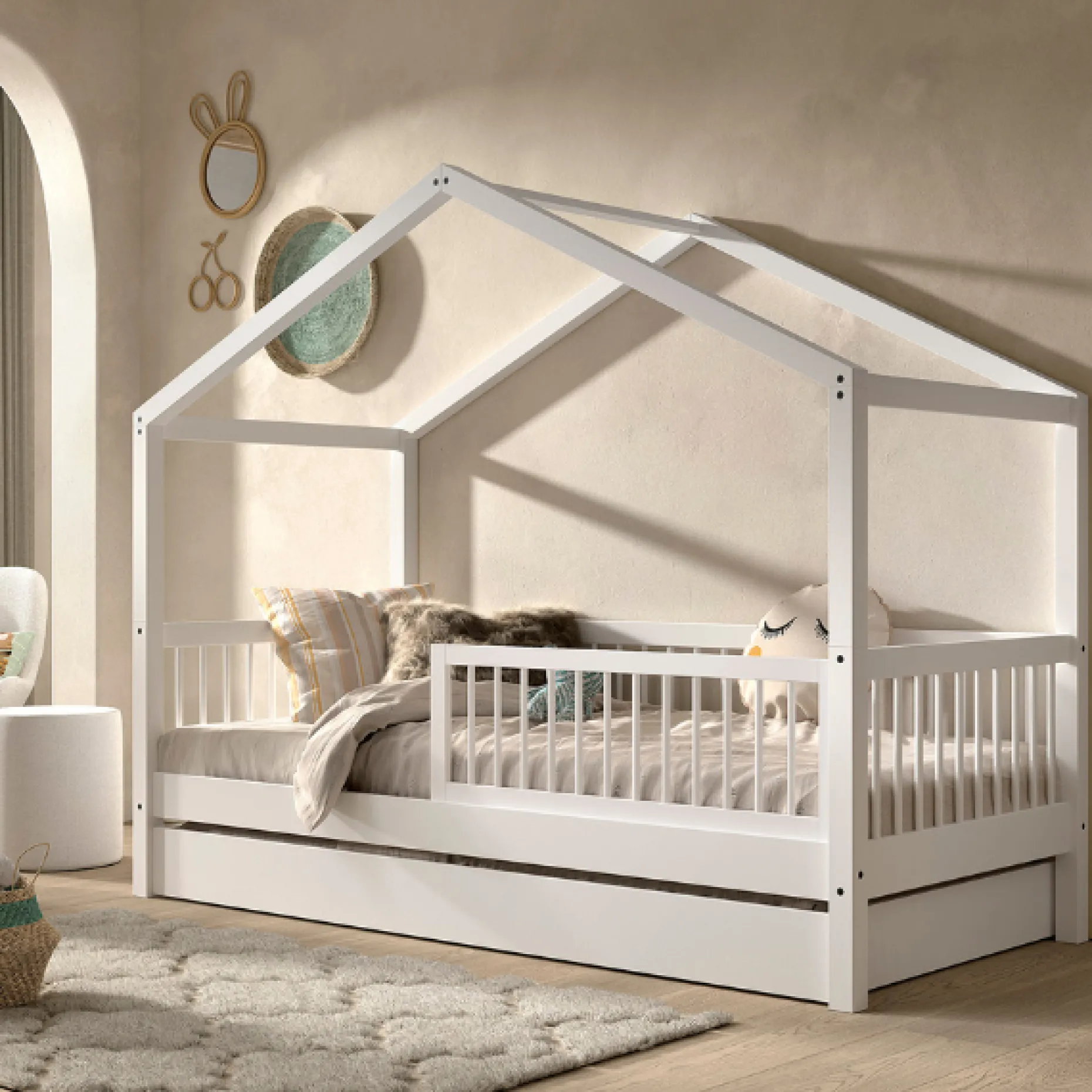 Forrest Hausbett 90x200 mit Rollbett, herunterklappbarem Schutzgitter und Bettzelt - weiß/rosa