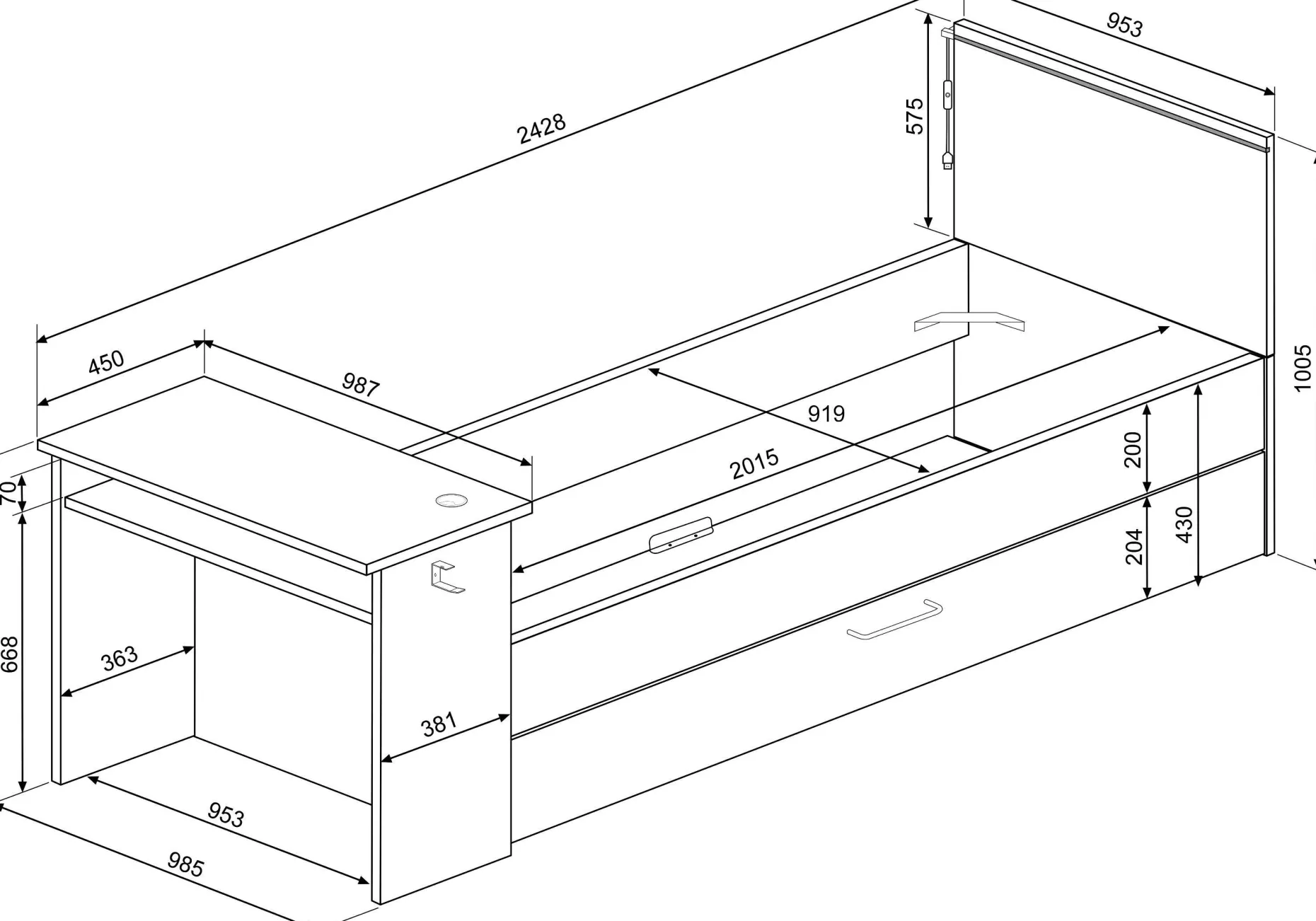 Funktionsbett Bzone 90x200 cm mit Bettschubkasten, Schreibtisch und LED-Beleuchtung - anthrazit