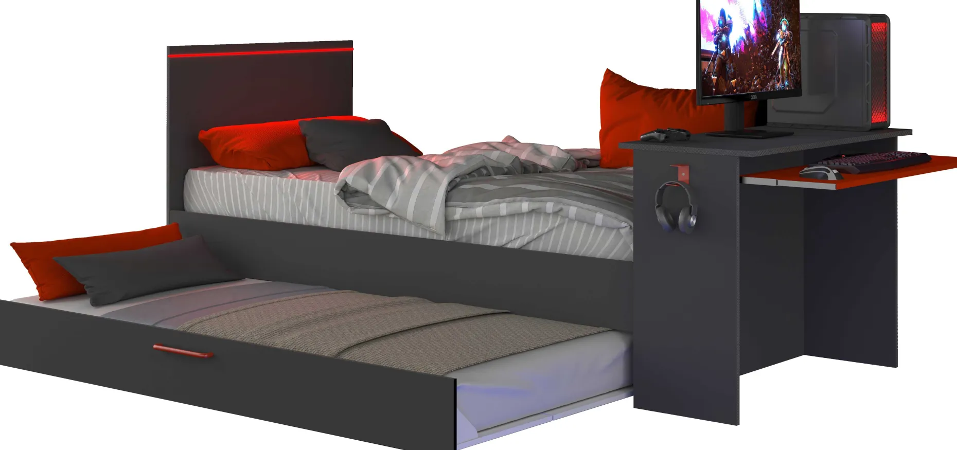 Funktionsbett Bzone 90x200 cm mit Bettschubkasten, Schreibtisch und LED-Beleuchtung - anthrazit