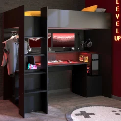 Gaming Hochbett LevelUp 90x200cm mit Spieltisch - schwarz