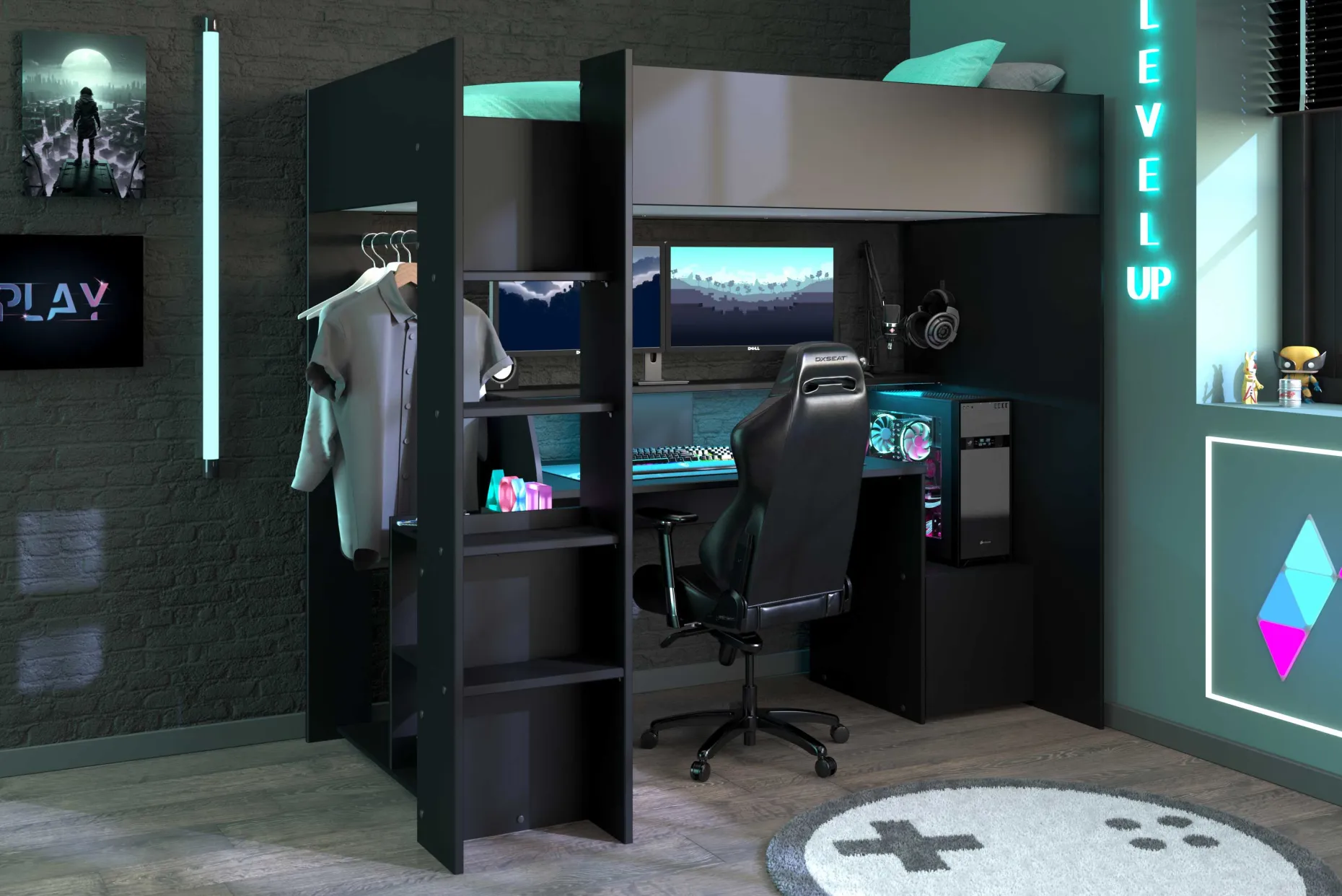 Gaming Hochbett LevelUp 90x200cm mit Spieltisch - schwarz