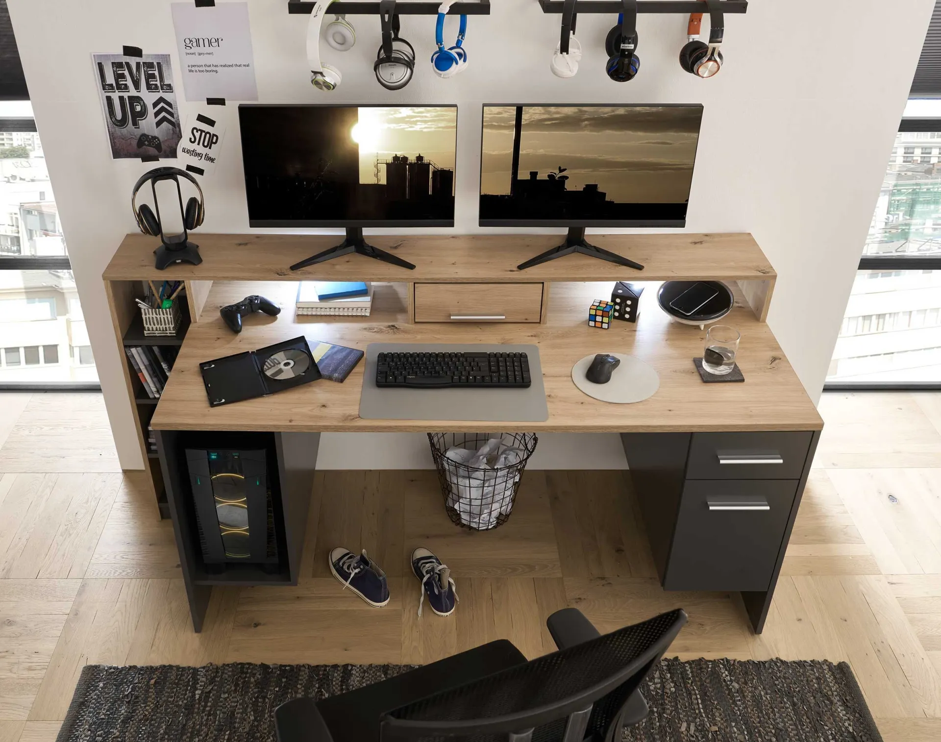 Kinder Emob Gaming-Schreibtisch Tudi inkl. Lampe - grau/holz