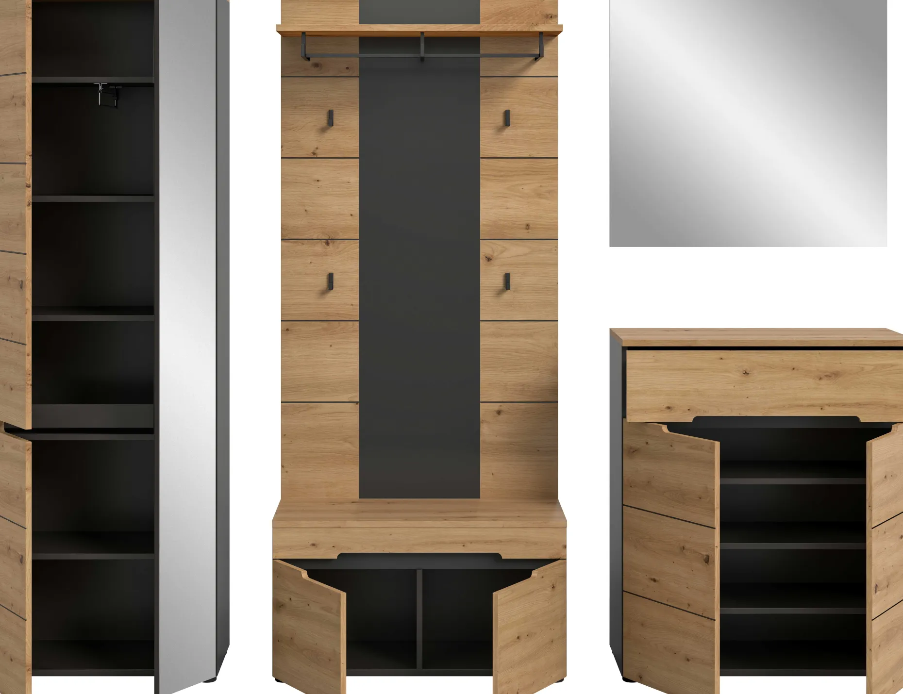 Garderobenkombination Canu Xonox - Artisan Eiche - 255x190x37 cm - Anthrazit