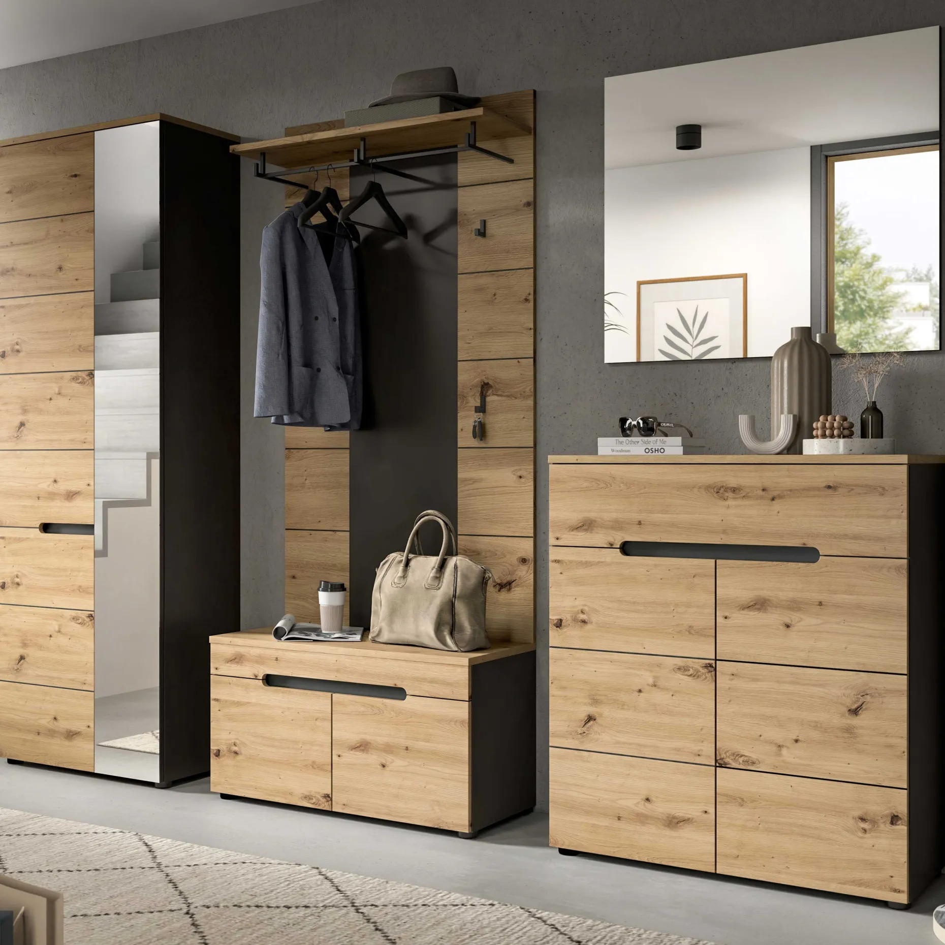 Garderobenkombination Canu Xonox - Artisan Eiche - 255x190x37 cm - Anthrazit