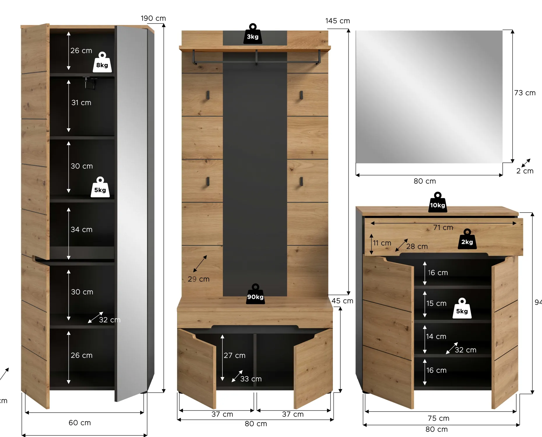 Garderobenkombination Canu Xonox - Artisan Eiche - 255x190x37 cm - Anthrazit