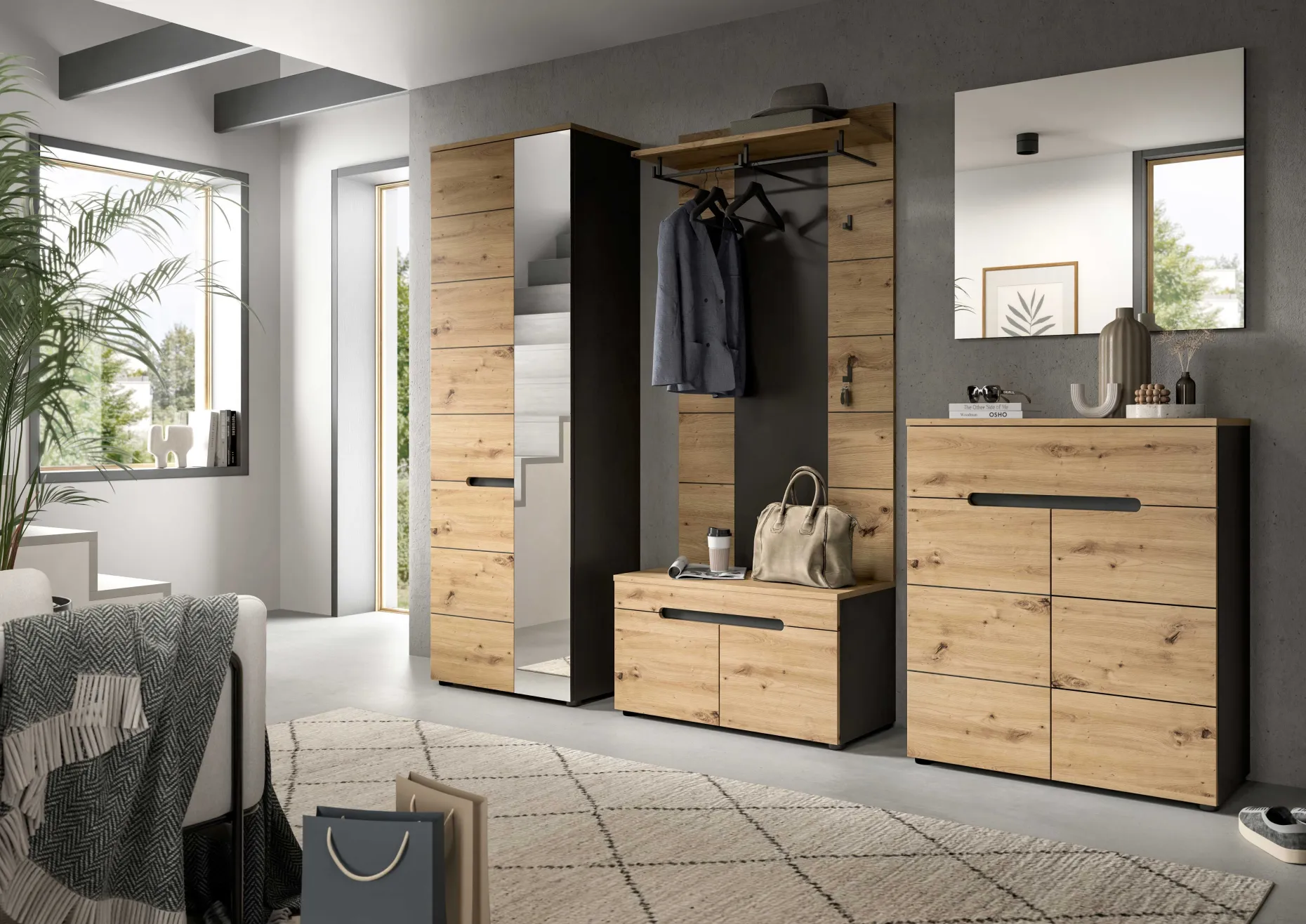 Garderobenkombination Canu Xonox - Artisan Eiche - 255x190x37 cm - Anthrazit