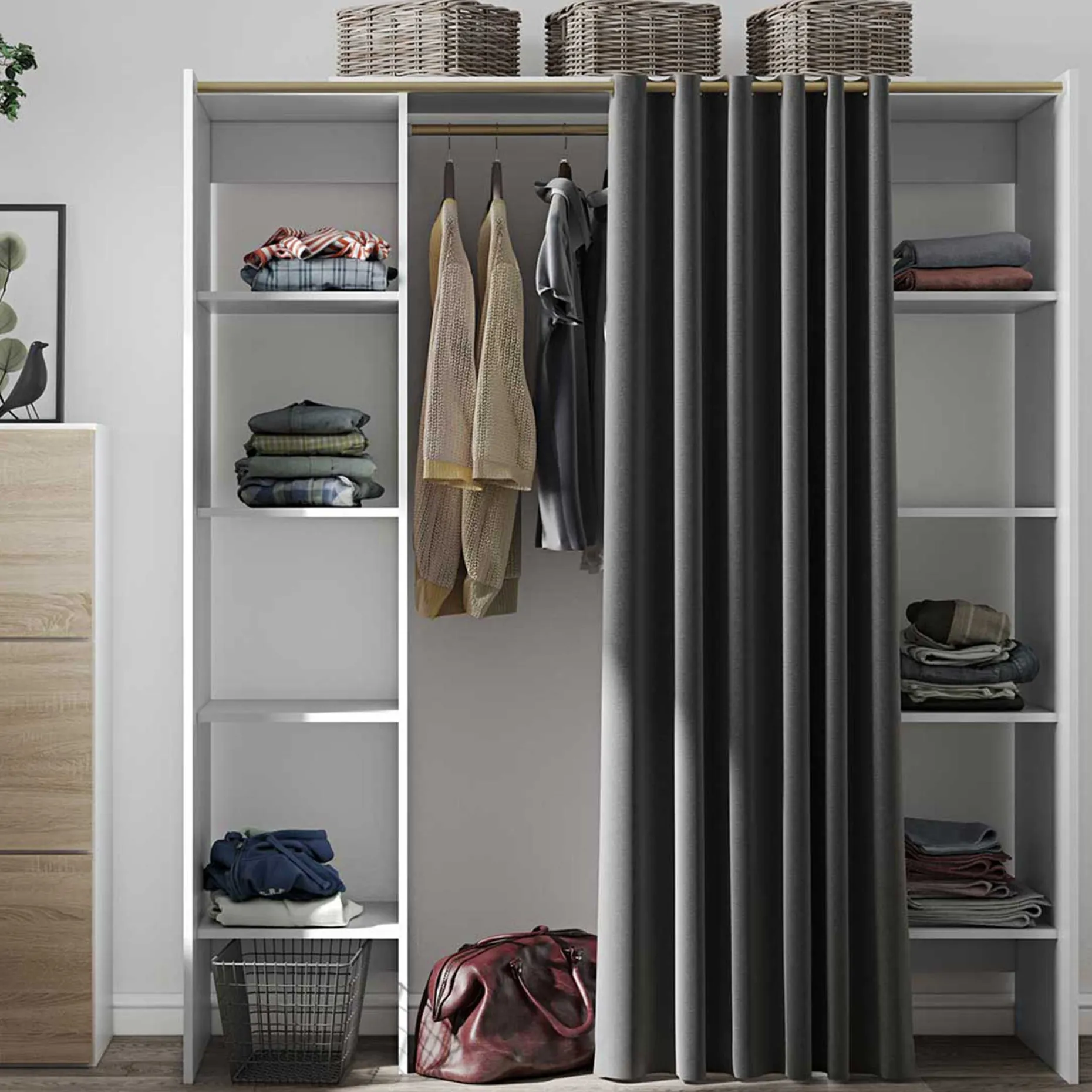 Garderobe Spike 112/185cm mit Vorhang - weiß/grau