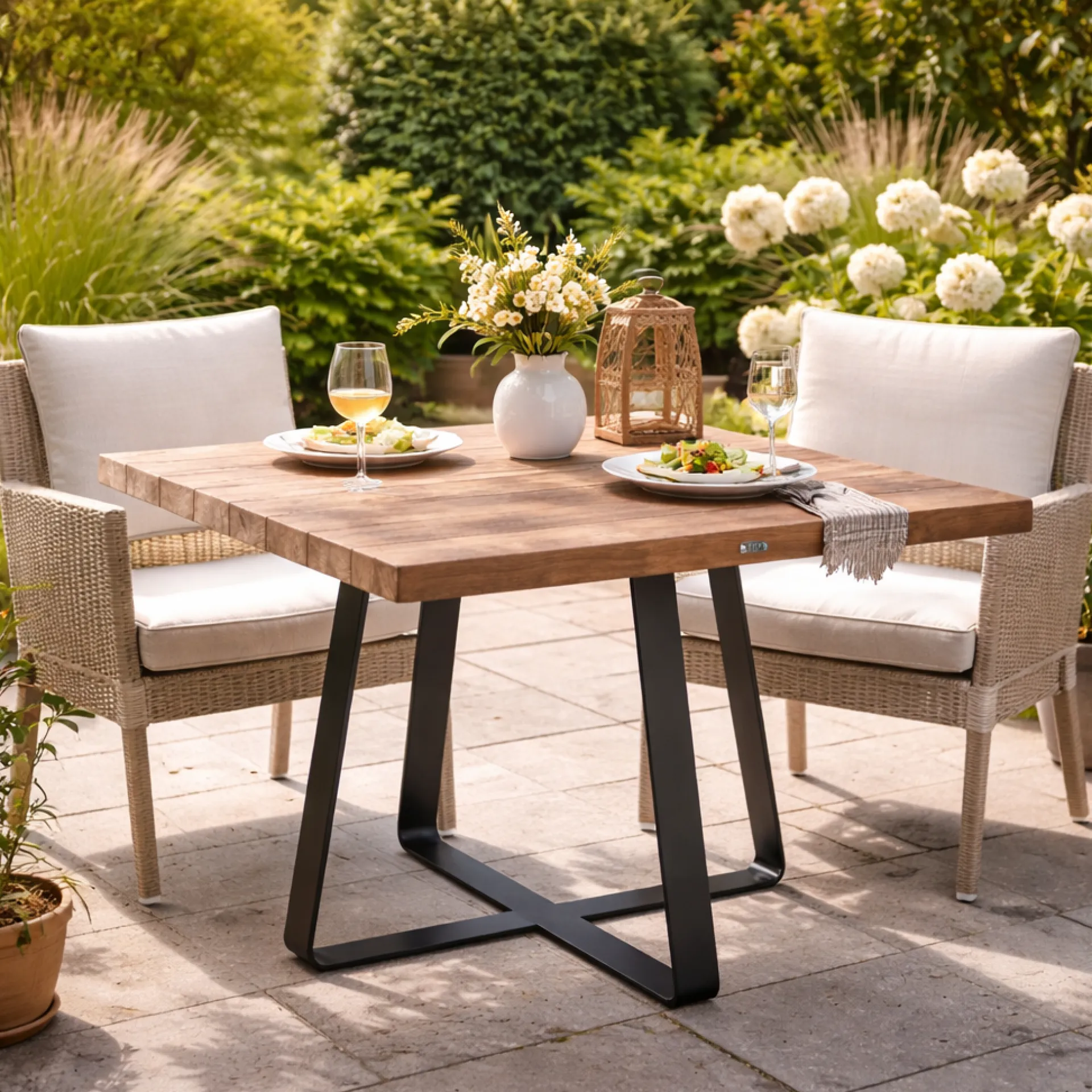 Gescova Gartentisch Margarite - Teakholz und schwarzes Eisengestell - 80x80cm -