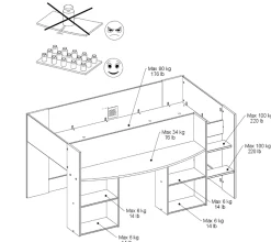 Habhochbett Rue 90x200 mit Schreibtisch - weiß/grau oder weiß/rosa