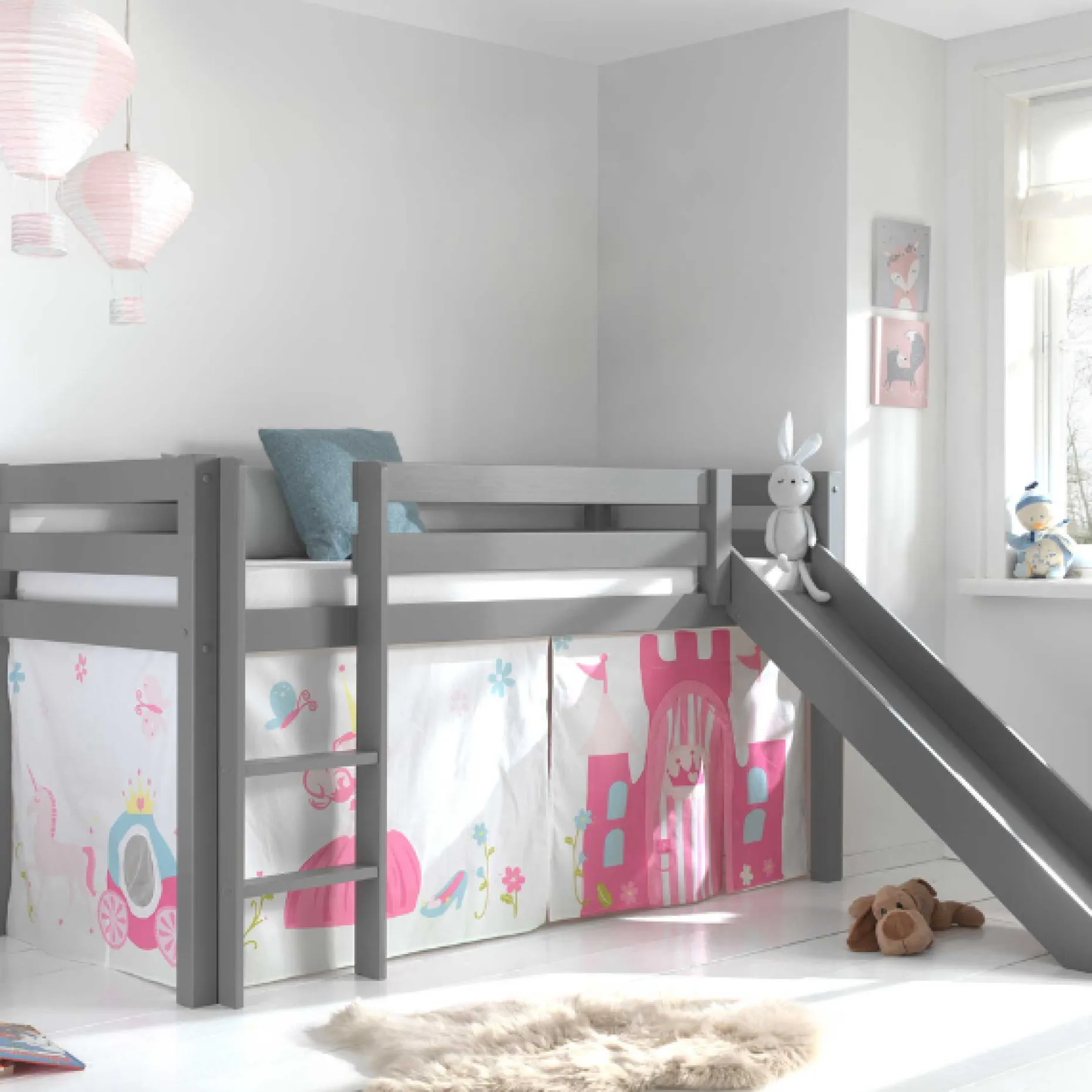 Halbhochbett Astrid grau mit Rutsche - prinzessin II