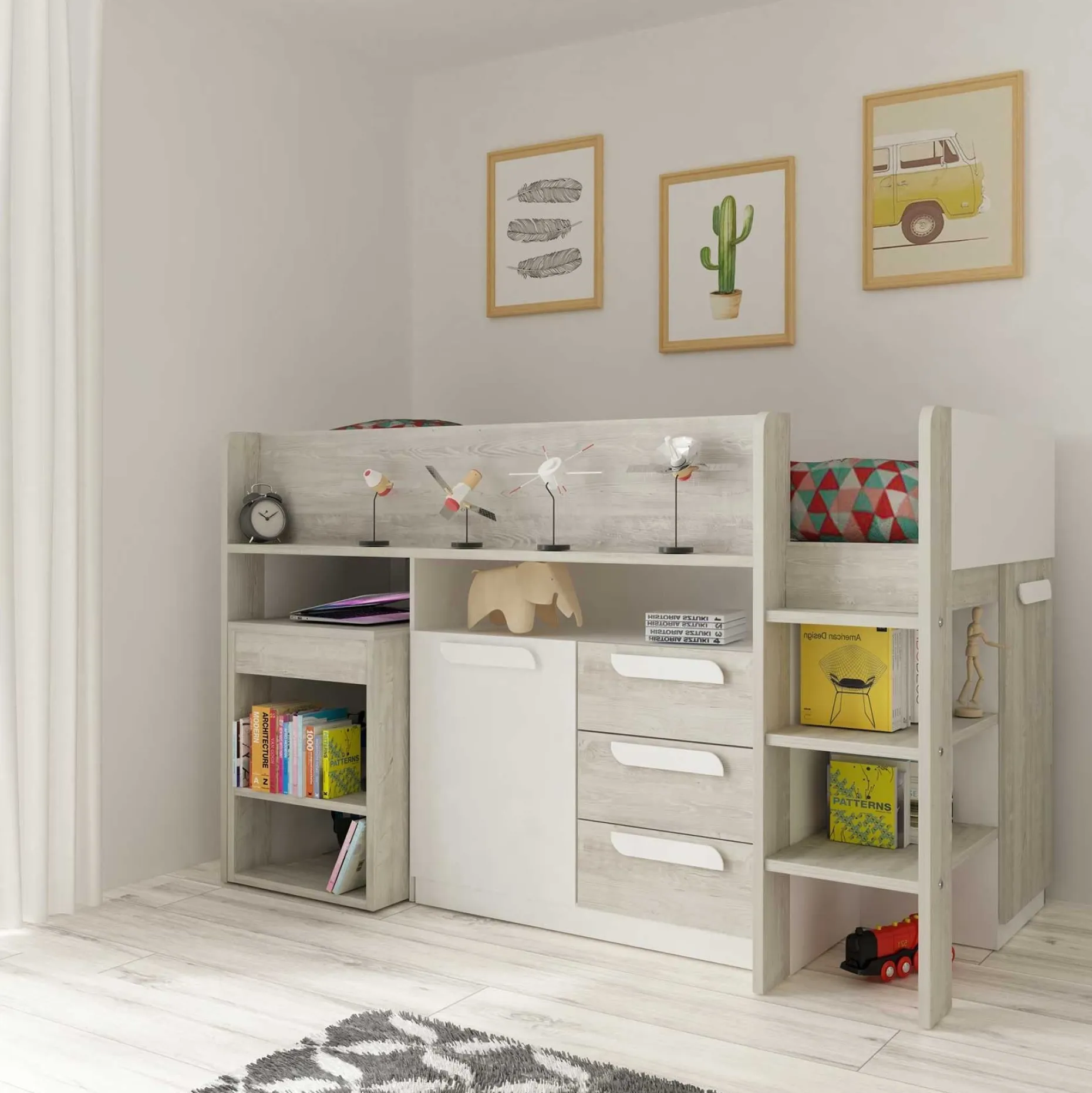 Halbhochbett Beau 90x200 mit Schreibtisch - weiß