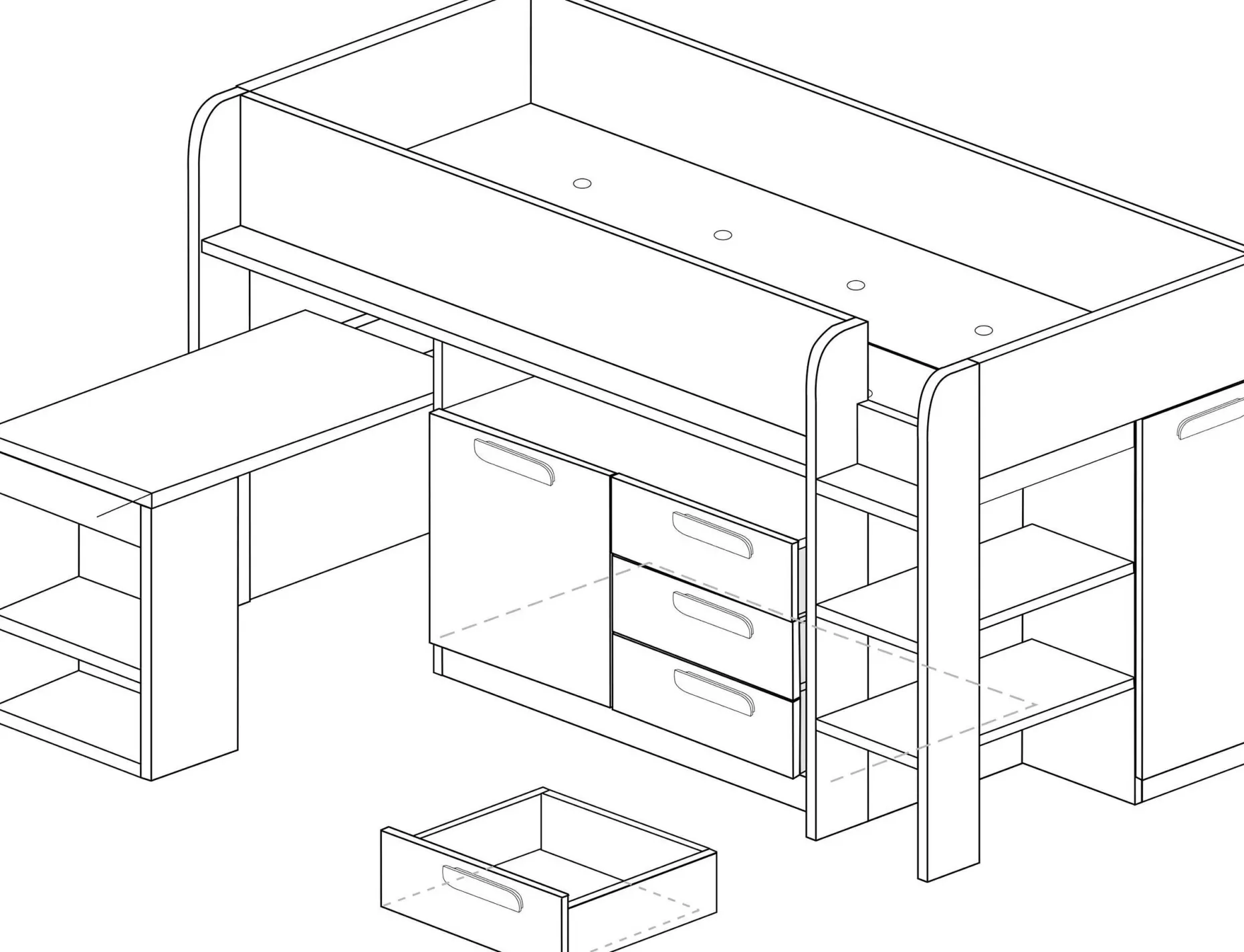 Halbhochbett Beau 90x200 mit Schreibtisch - weiß
