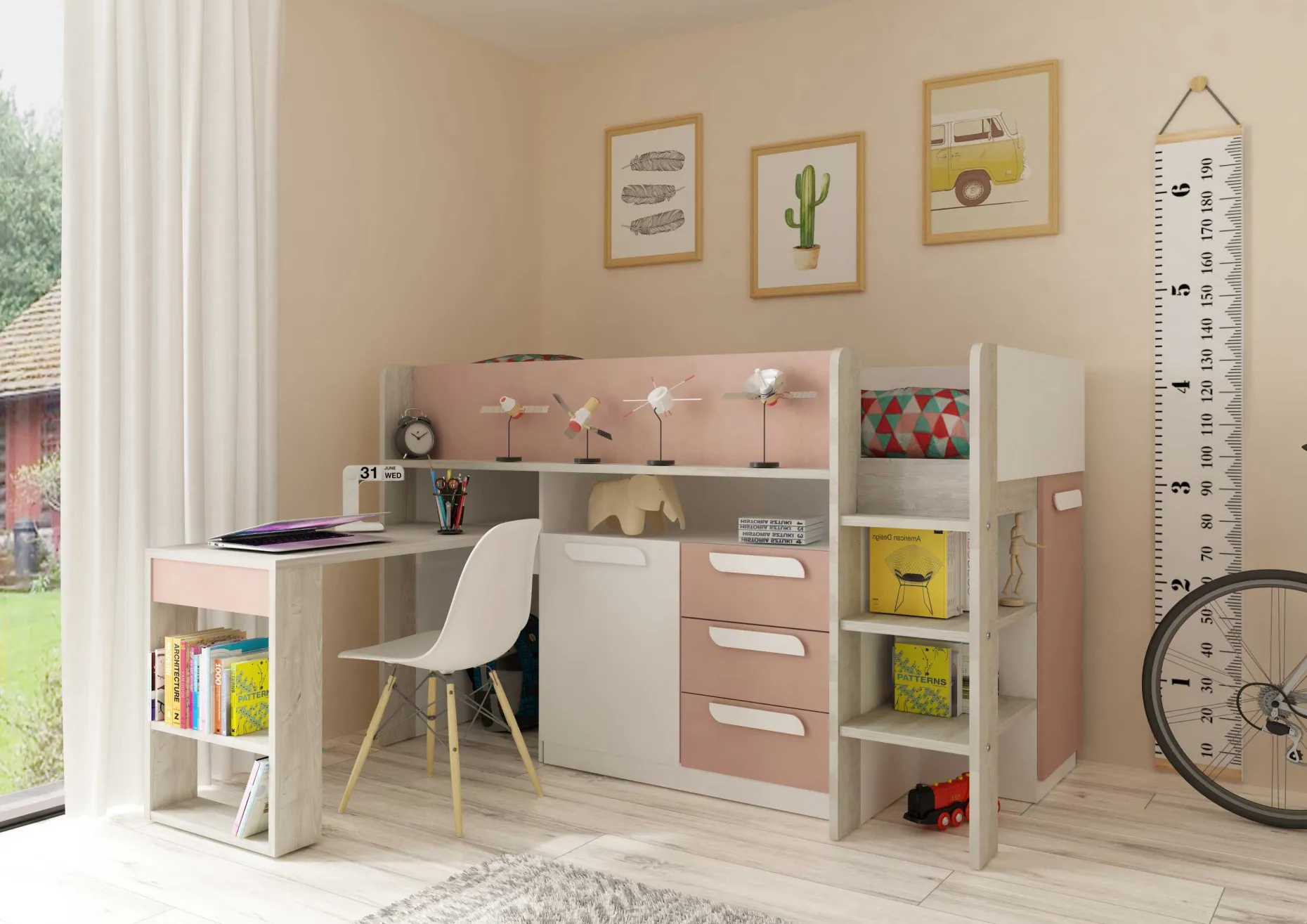 Halbhochbett Beau 90x200 mit Schreibtisch - altrosa