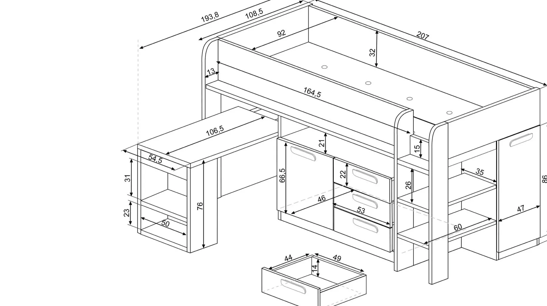 Halbhochbett Beau 90x200 mit Schreibtisch - Farbton grau