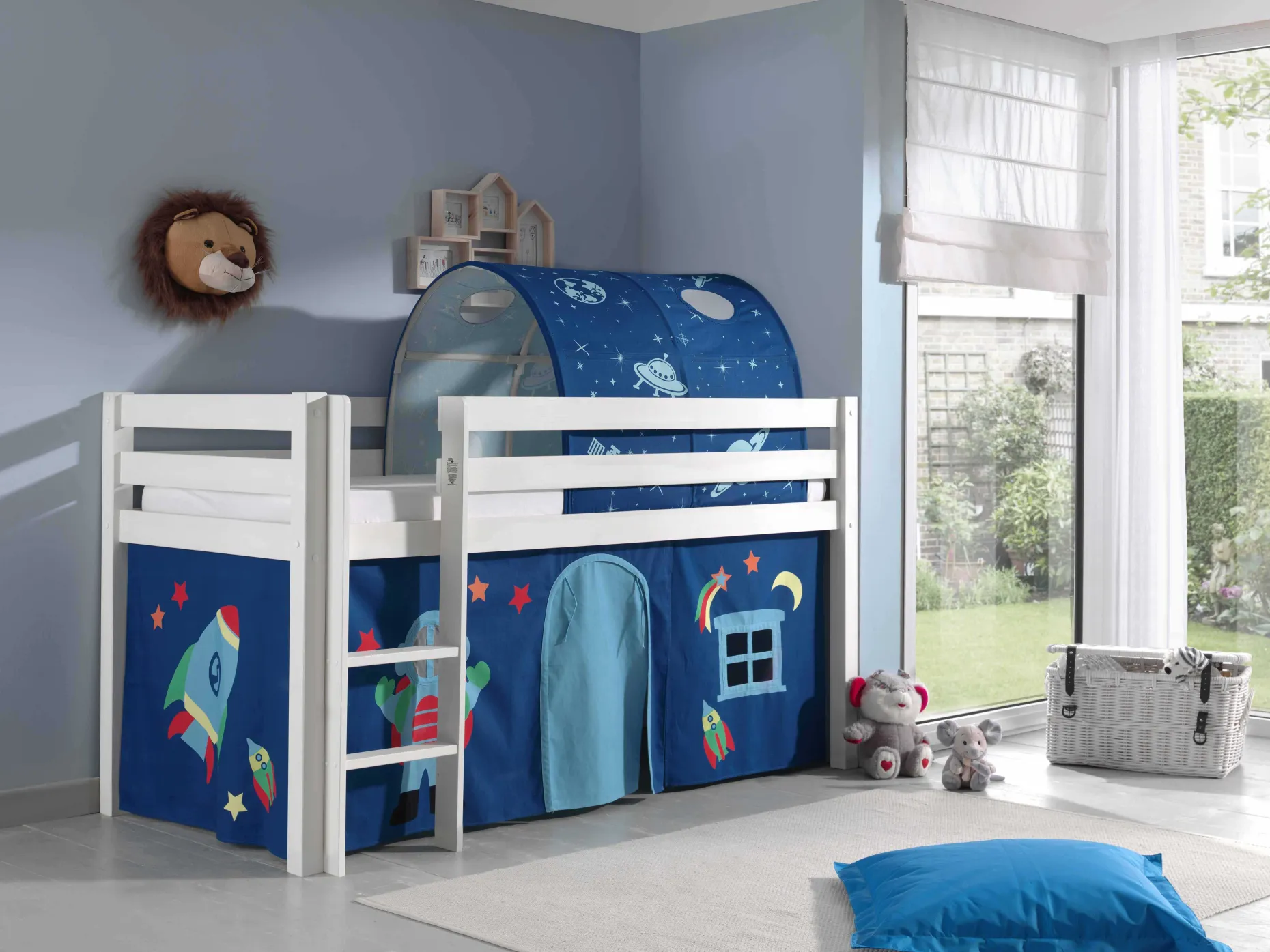 Halbhochbett Bett Charlotte mit Bettzelt und Tunnel Astro - weiß