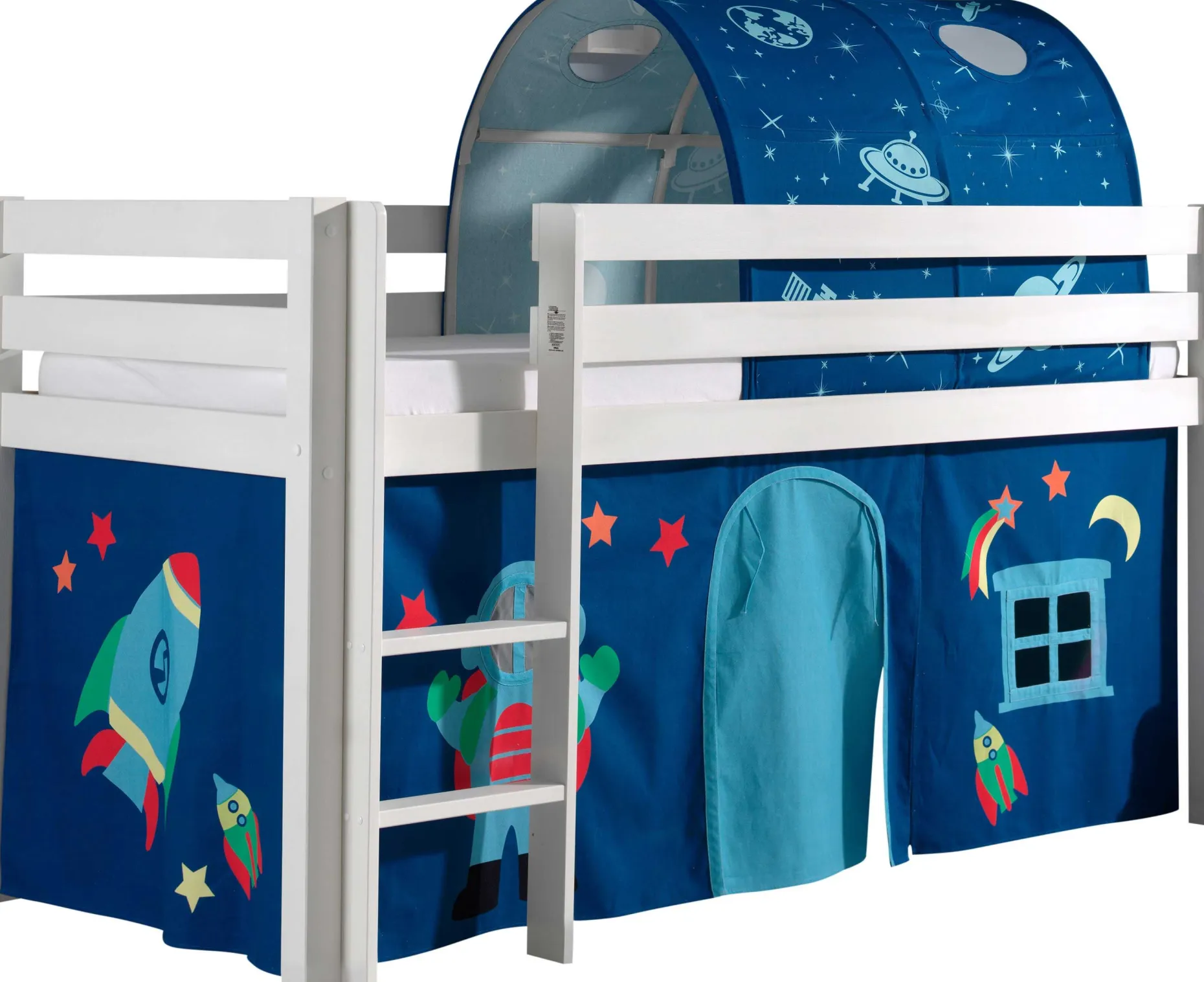 Halbhochbett Bett Charlotte mit Bettzelt und Tunnel Astro - weiß