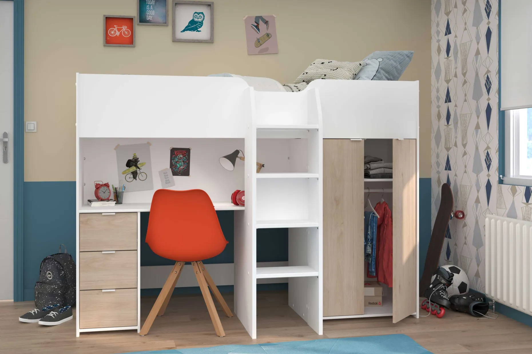 Halbhochbett Bett Neda 90x200cm - weiß/Eiche Dekor