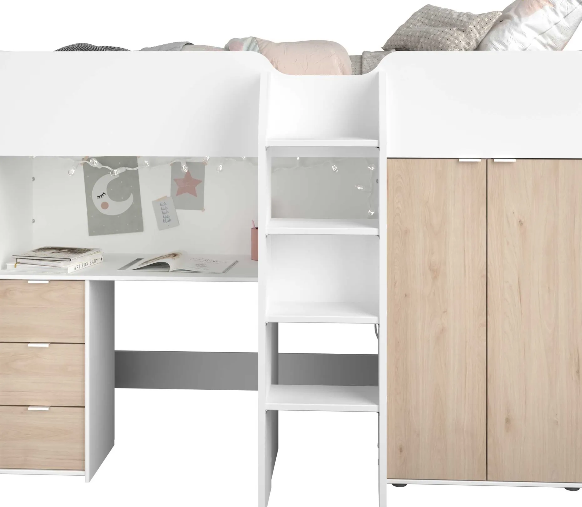 Halbhochbett Bett Neda 90x200cm - weiß/Eiche Dekor