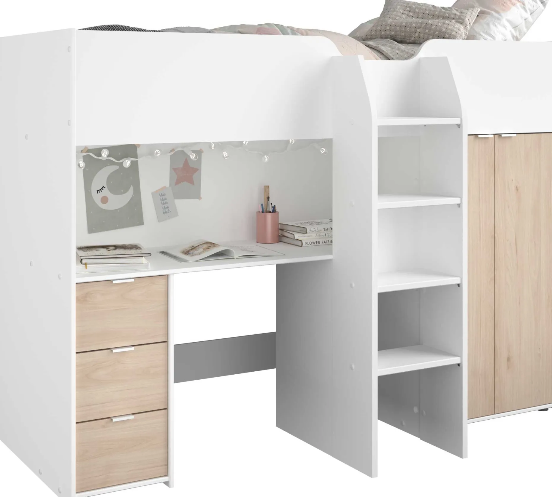 Halbhochbett Bett Neda 90x200cm - weiß/Eiche Dekor