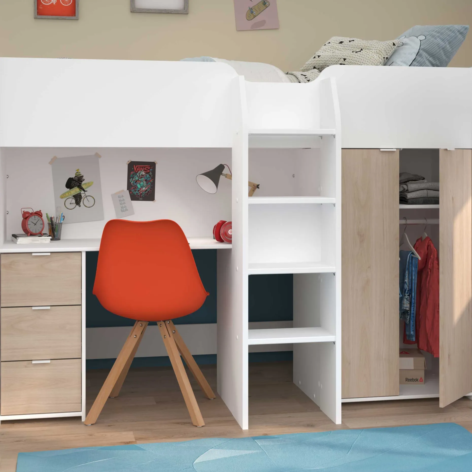 Halbhochbett Bett Neda 90x200cm - weiß/Eiche Dekor