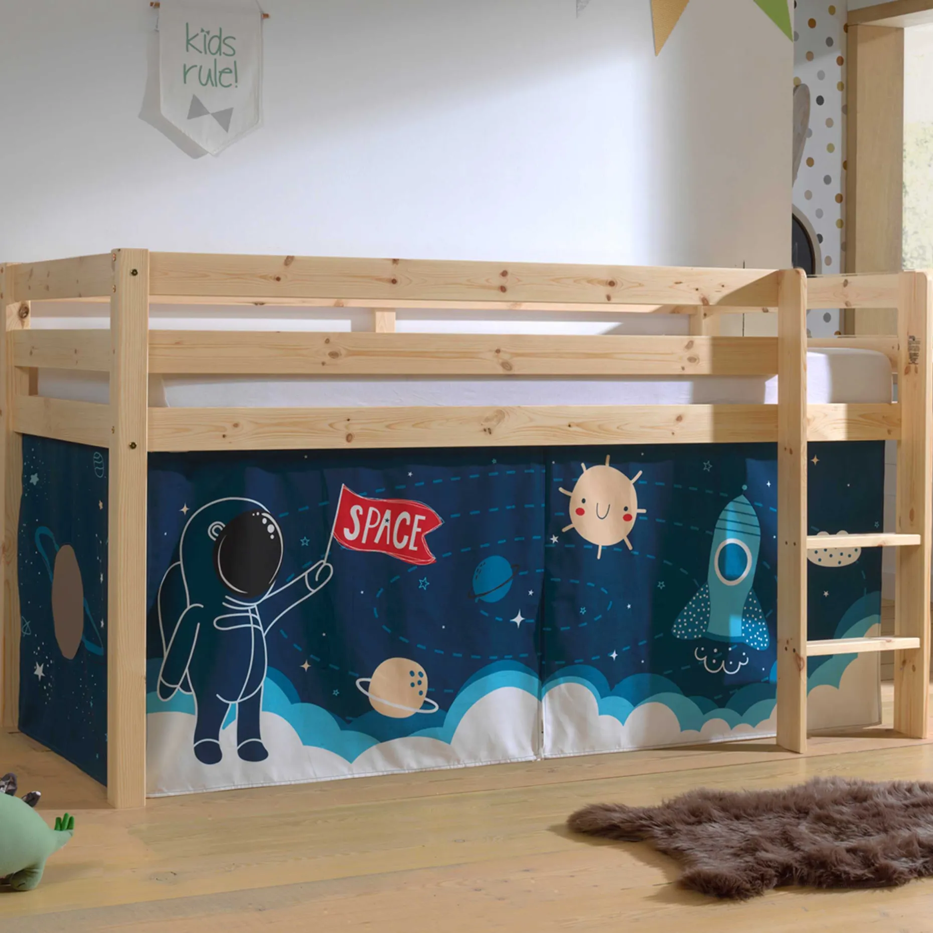 Halbhochbett Charlotte mit Bettzelt Space Shuttle - Kieferholz