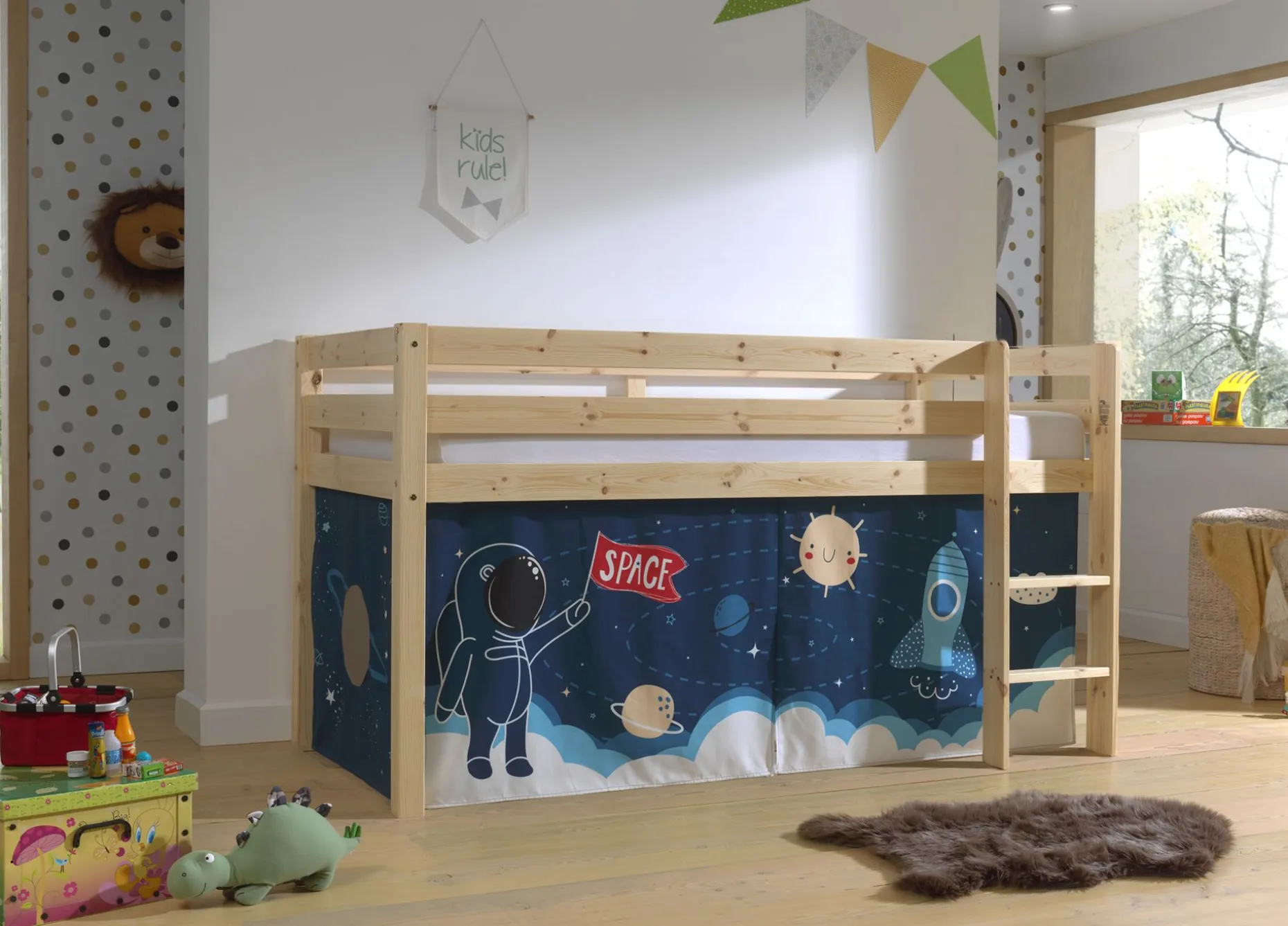Halbhochbett Charlotte mit Bettzelt Space Shuttle - Kieferholz
