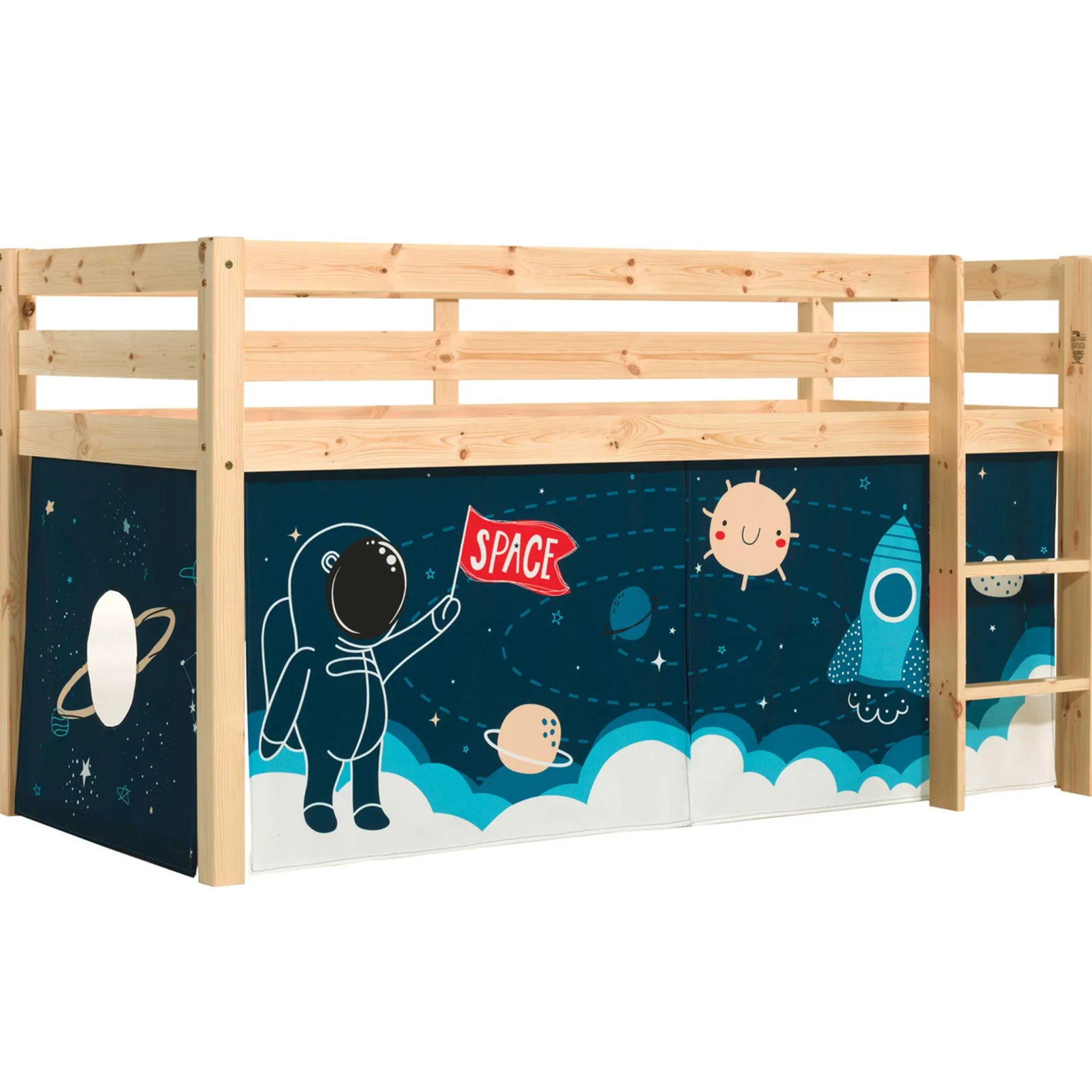 Halbhochbett Charlotte mit Bettzelt Space Shuttle - Kieferholz