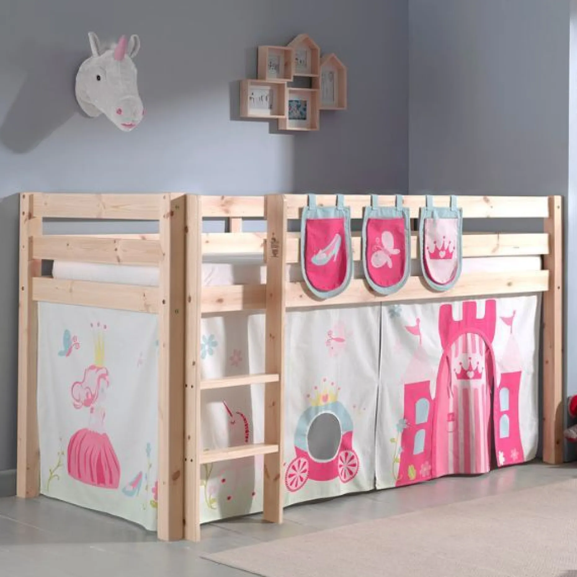 Halbhochbett Charlotte mit Bettzelt und Aufbewahrungstaschen Princess II - Kieferholz