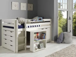 Halbhochbett Charlotte mit Regal, Schreibtisch, Kommode und Kommode - weiß