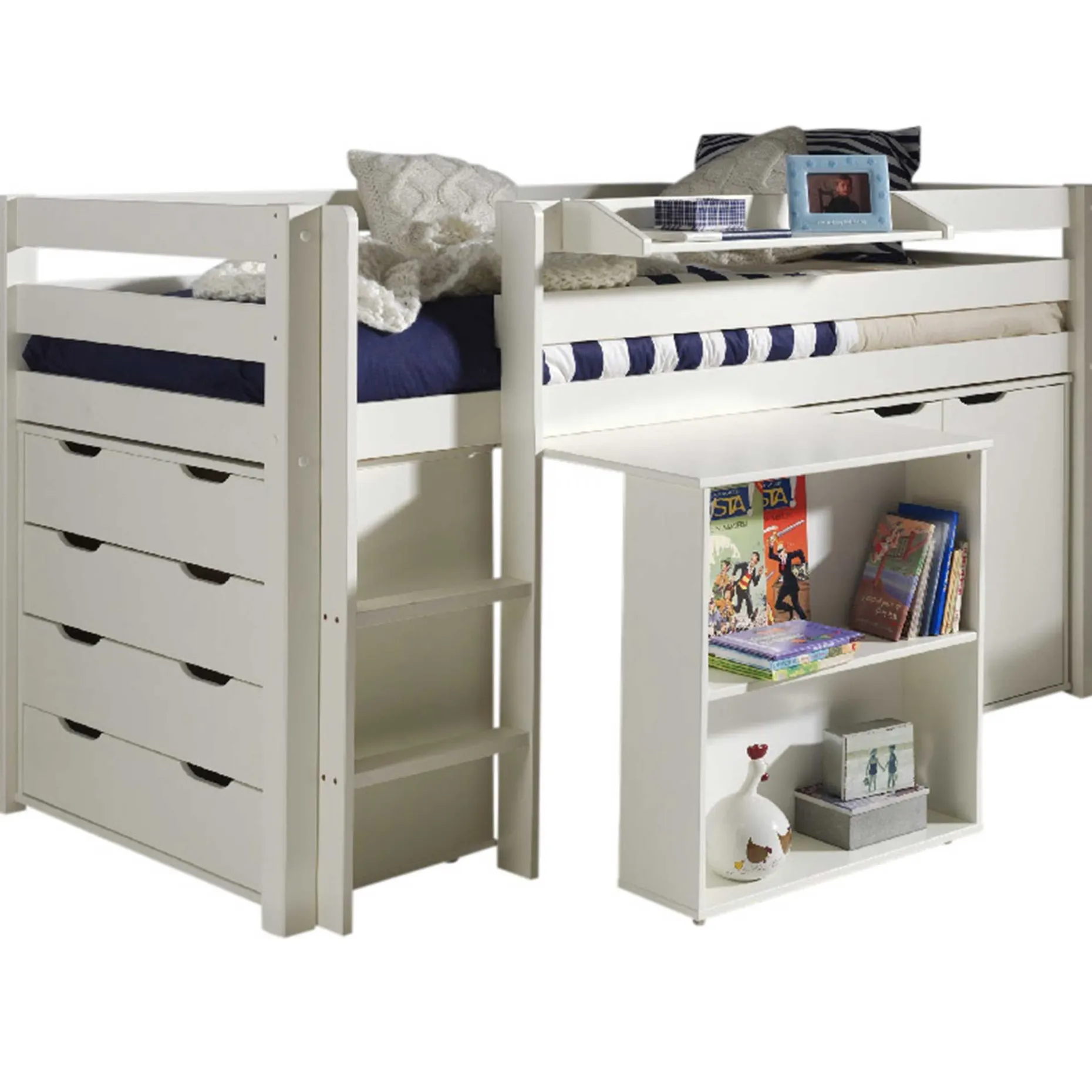 Halbhochbett Charlotte mit Regal, Schreibtisch, Kommode und Kommode - weiß