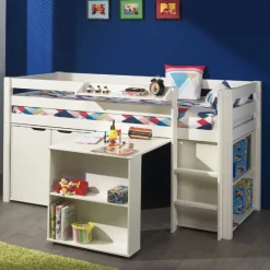 Halbhochbett Charlotte mit Regal, Schreibtisch, Bibliothek und Kommode - weiß