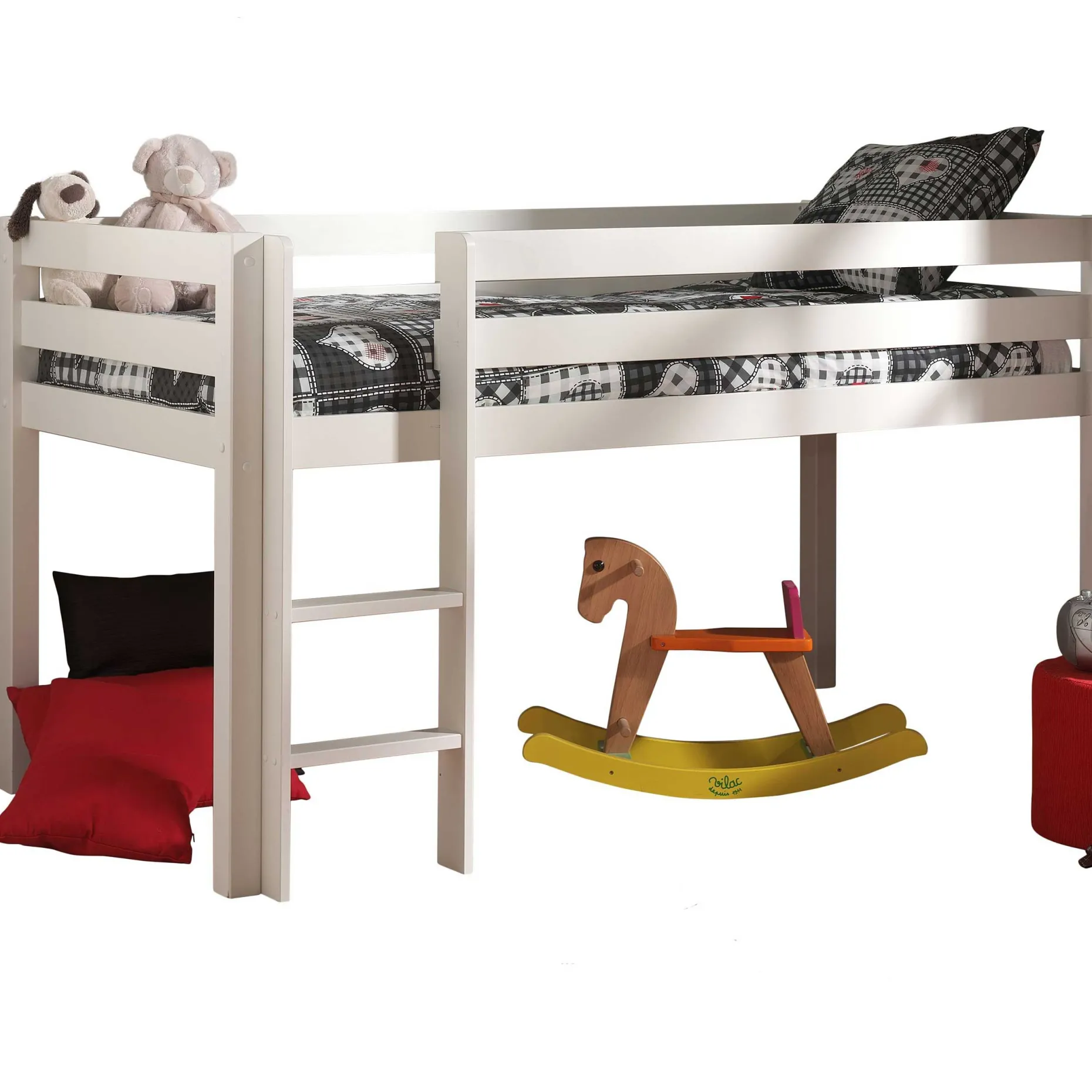 Halbhochbett Charlotte mit Regal, Schreibtisch und Kommode - weiß