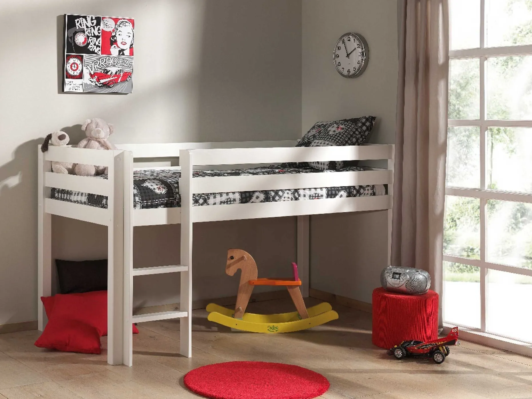 Halbhochbett Charlotte mit Regal, Schreibtisch und Kommode - weiß
