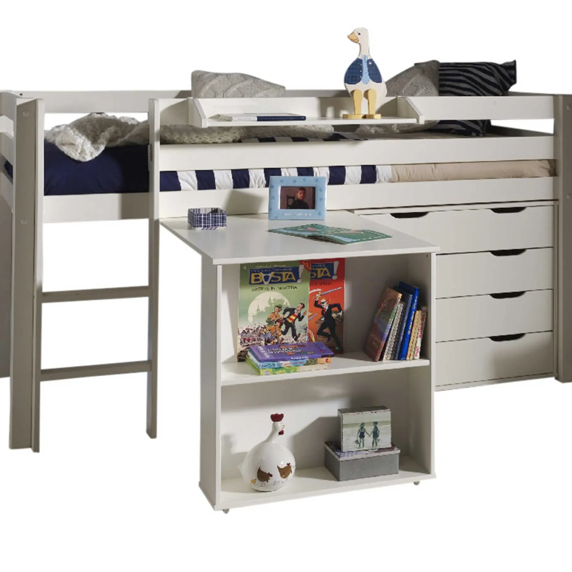 Halbhochbett Charlotte mit Regal, Schreibtisch und Kommode - weiß