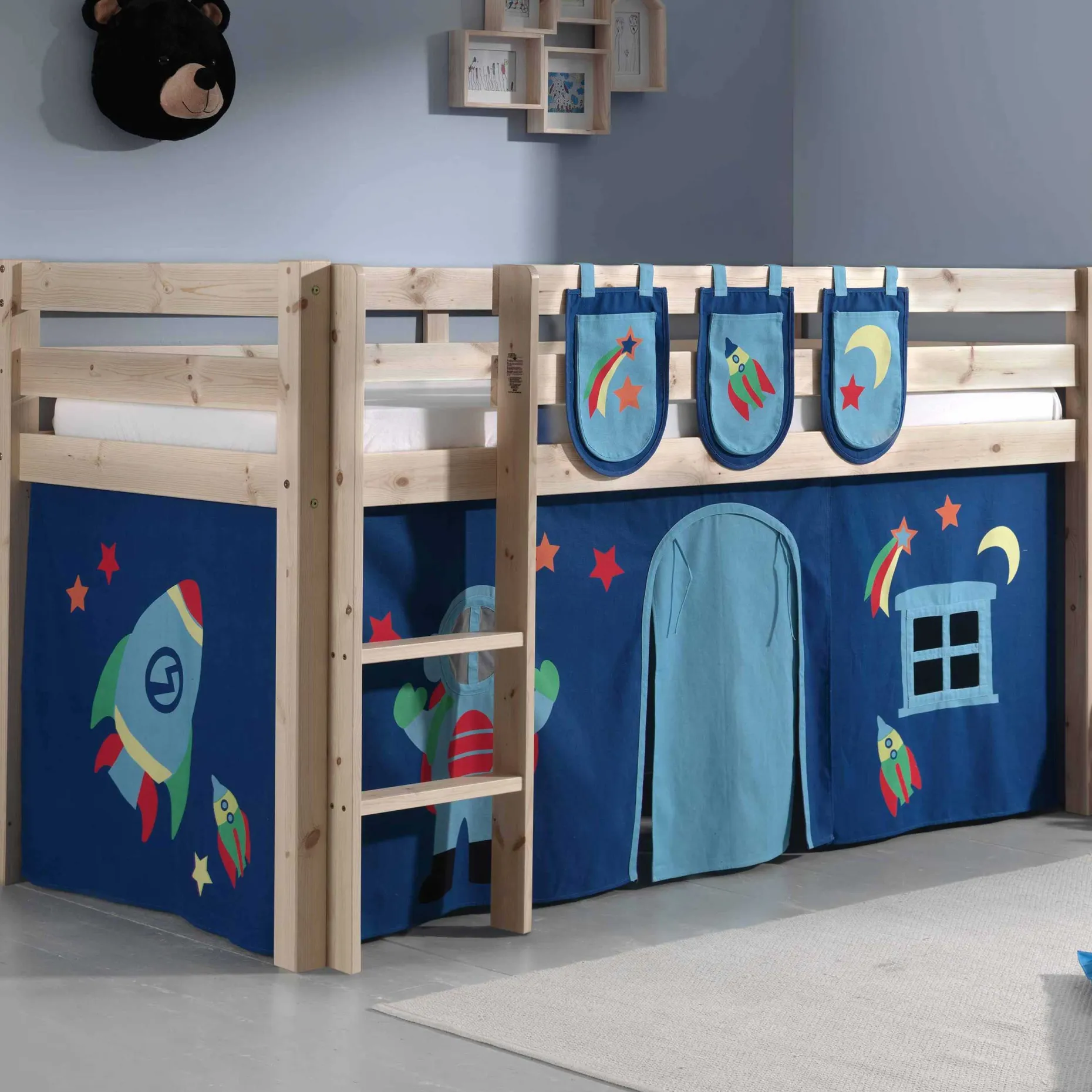 Halbhochbett Charlotte mit Schlafzelt und Aufbewahrungstaschen Astro - Kieferholz