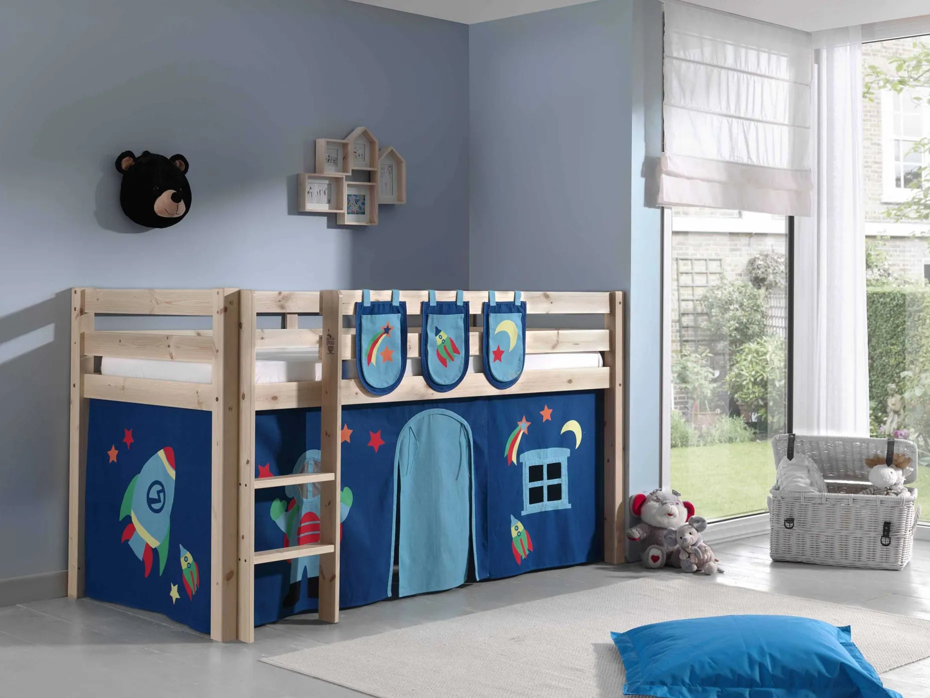 Halbhochbett Charlotte mit Schlafzelt und Aufbewahrungstaschen Astro - Kieferholz