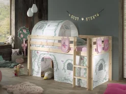 Halbhochbett Charlotte mit Schlafzelt, Tunnel und Aufbewahrungstaschen Birdy - Kieferholz