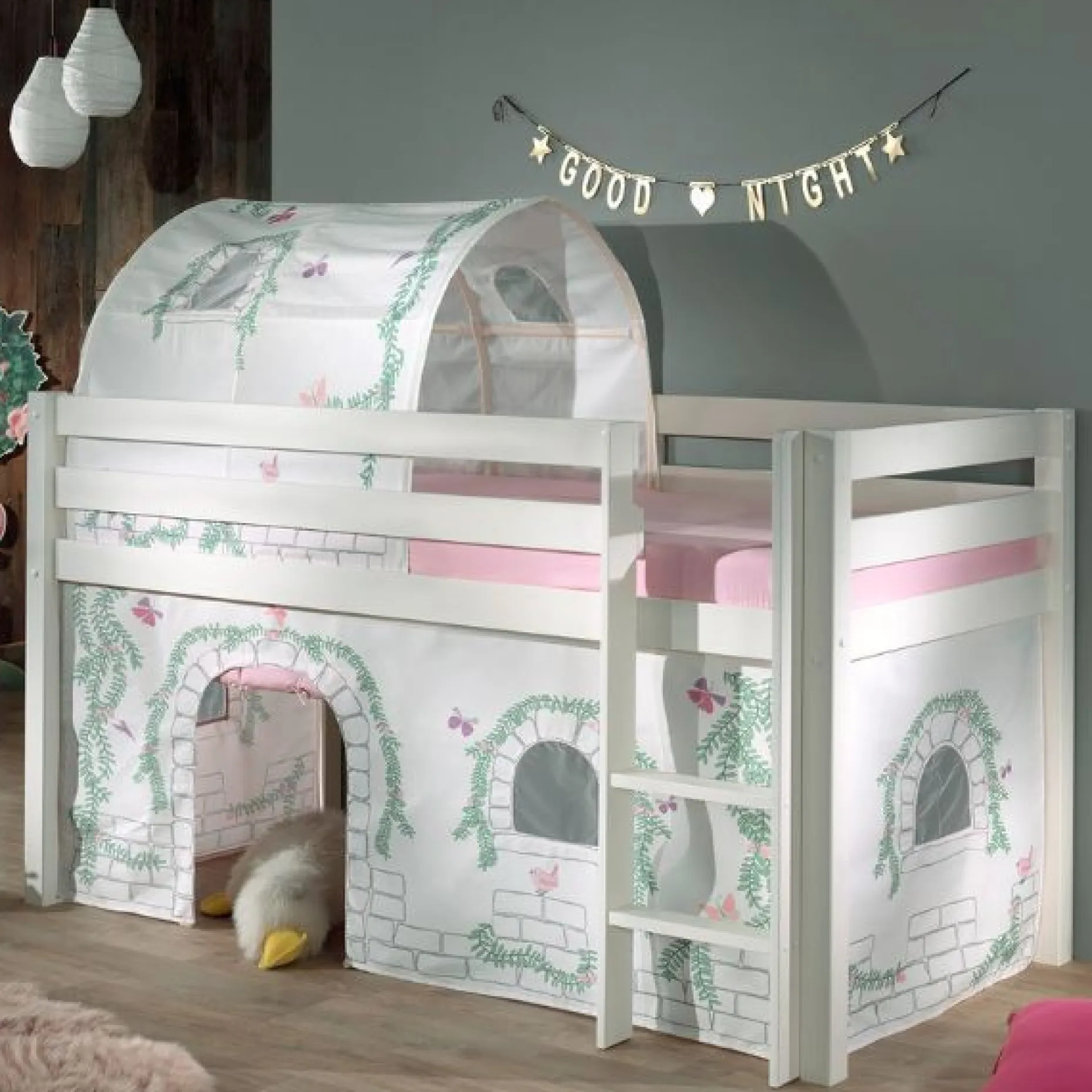Halbhochbett Charlotte mit Schlafzelt und Betttunnel Birdy - weiß